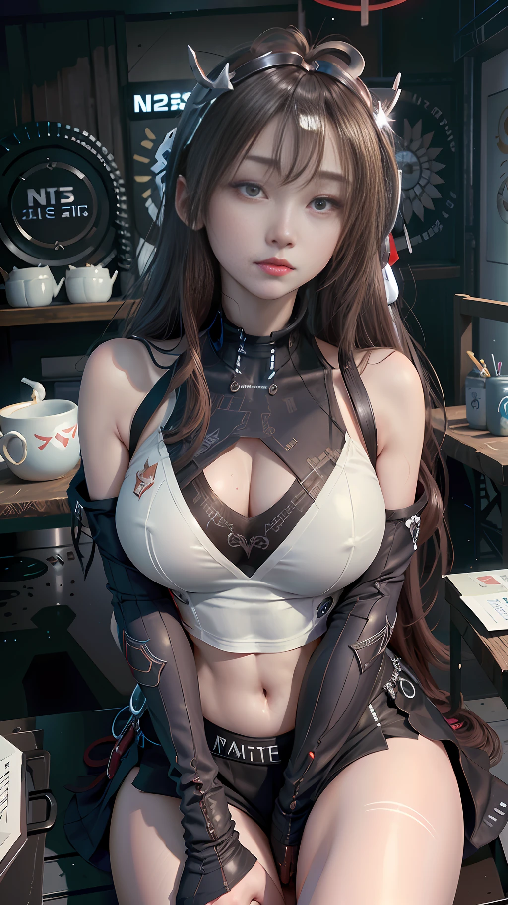 Realism, a woman dressed in white (lace, full robot suit: 1.55) (sitting at a table: 1.5) (body turn to viewer: 1.2), (head to left: 1.8), (crossed legs: 1.4), gray hair, cyborg, robot parts, beautiful and detailed body and face, sakimichan hdri, amouranth, beautiful and detailed orixa, 2049, chiaki nanami, african futuristic, made in maya, sam yang, 2070, cyborg, robot part, 150mm, beautiful studio soft light, edge light, vibrant details, luxurious cyberpunk, lace, surrealism, anatomy, facial muscles, cable wire, microchip, elegant, beautiful background, octane rendering, 8k, best quality, masterpiece, illustration, very refined and beautiful, very detailed, CG, unified, wallpaper, (realistic, Realism: 1.37), stunning, fine details, masterpiece, best quality, official art, very detailed CG unified 8k wallpaper, ridiculous, incredibly ridiculous, robot, silver helmet, (full body: 1.4), sitting, (nsfw: 1.2),