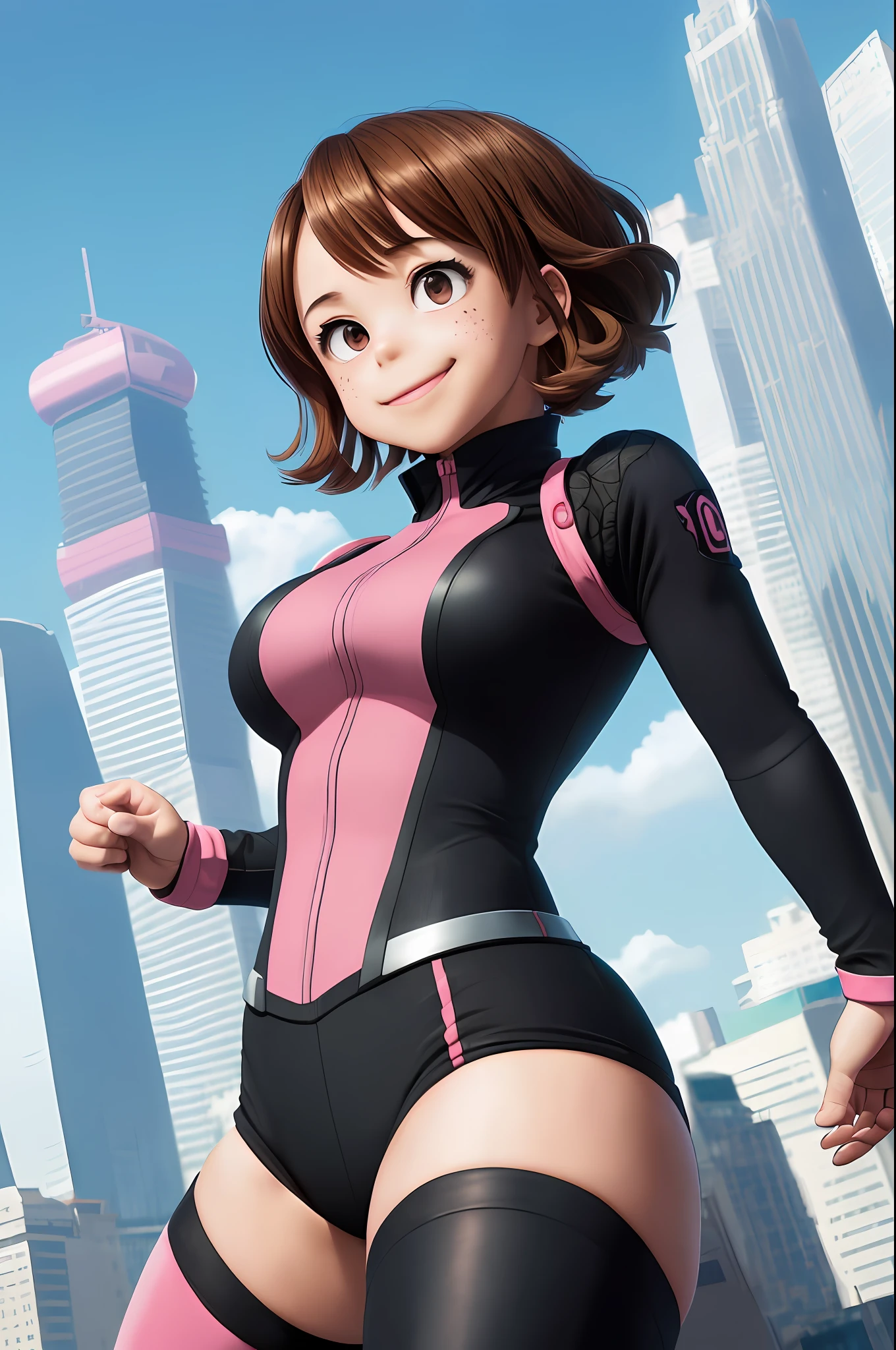 [ochako uraraka; Boku no hero academia], ((solo portrait)), ((raw photo)), ((High definition)), ((anime)), ((Kohei Horikoshi)), ((raytracing)), ((detailed shading)), ((intricate details)), {ochako; (rosy cheeks, big round brown eyes, short brown hair, short eyelashes, large ?????, curvaceous ????), (pink and black skintight suit; 3 black buttons on ?????, giant pink boots, hero costume), excited smile, (athletic body; defined abs)}, ((leaping; on top of skyscraper, looking ahead), (arms in air)), [Background; (outside daytime; city; skyscrapers)]