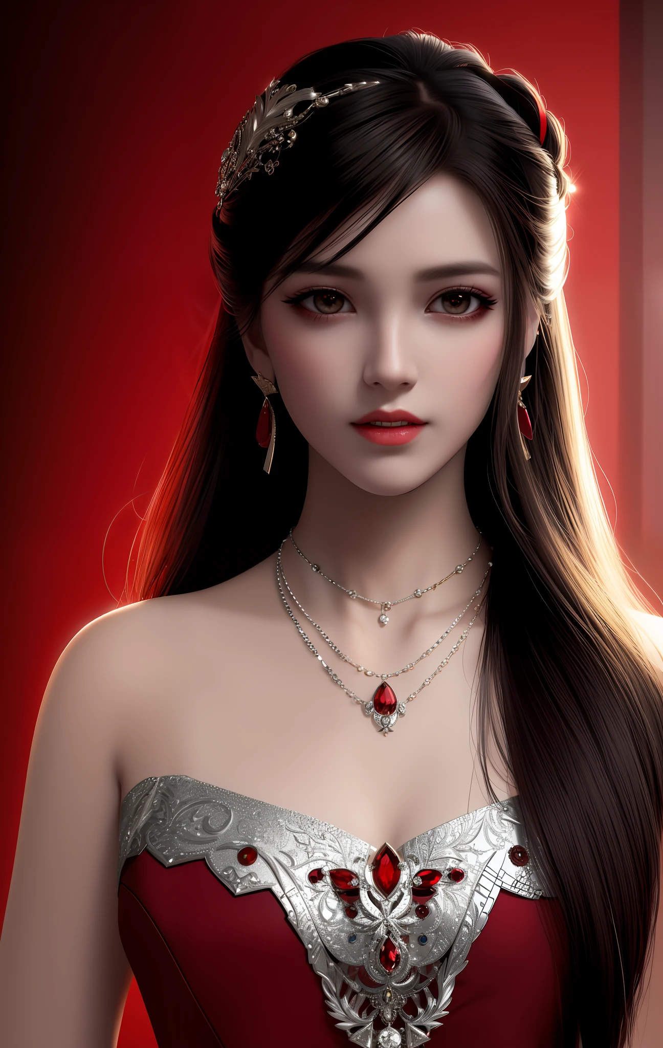 Best Quality, Masterpiece, Vampire, Full Covered Red and Black Cloth, Visible Vampire Teeth, High Resolution, 1girl, Porcelain Dress, Hair Accessories, Necklace, Jewelry, Beautiful Face, Physical, Tyndall Effect, Realistic, Dark Studio, Edge Lighting, Two-tone Lighting, (High Detail Skin: 1.2), 8K UHD, DSLR, Soft Light, High Quality, Volume Lighting, Voy Shot, Photo, High Resolution, 4K, 8K, Background Bokeh