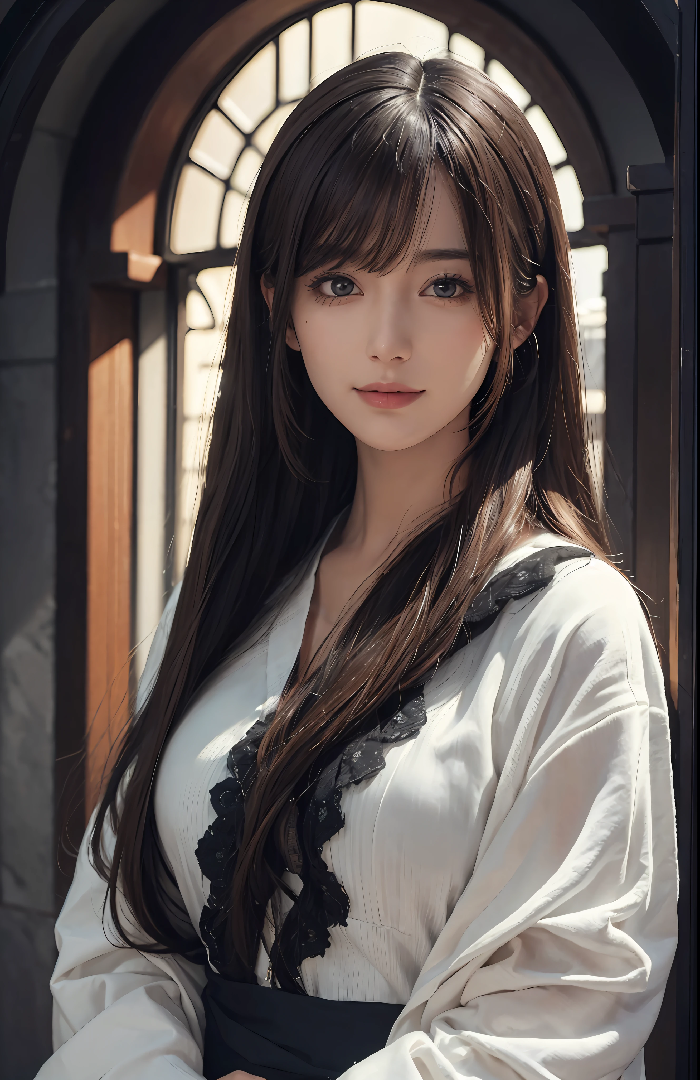 (Ultra Realistic), (Illustration), (Increased Resolution), (8K), (Extremely Detailed), (Best Illustration), (Beautiful and Detailed Eyes), (Best Quality), (Ultra Detailed), (Masterpiece ), ( wallpaper), (detailed face), solo, 1 girl, looking at viewer, fine details, detailed face, in the dark, deep shadows, low key, pureerosfaceace_v1, smiling, long hair, black shawl straight hair , 46 points oblique bangs