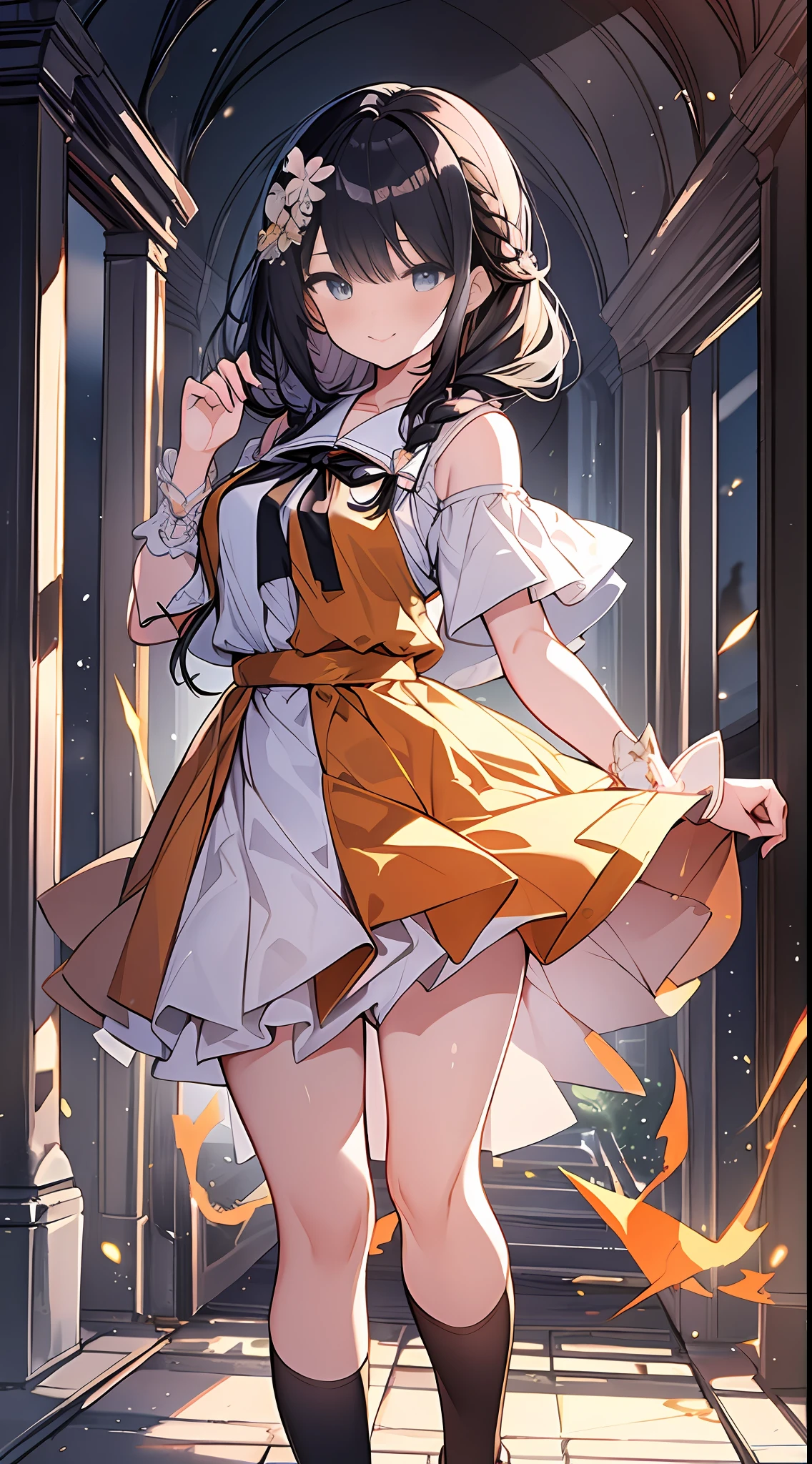 Top Quality, Masterpiece, High Definition, 8k, Girl in Anime Style with Light Shirt and Skirt, One Girl, Detailed Line Art, Bright White and Bright Amber Style, Digital Enhancement, Close Up, Anime Core, Flowing Fabric, Shoulder Length and Short Braid, Beautiful Black Hair, Big Smile, Full Body Angle