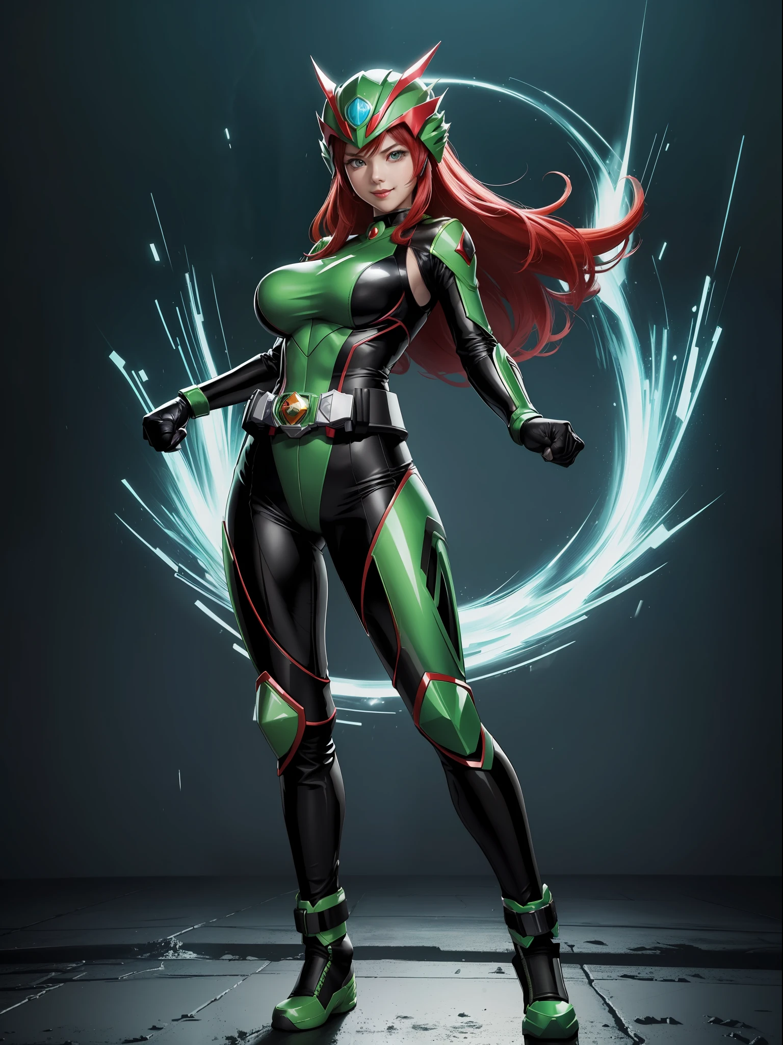 (Full body photo:1.5). ((1Laura/woman/Chinese)), (big breasts:1.2), (Wearing Kamern Rider costume/extremely tight on body/helmet on head:1.2), she's in a futuristic city in battle pose raining hard at night:1.3), she has (red hair:1.0), (green eyes:1.0), (she's looking at the viewer, smiling, fist clenched, she's extremely exhibitionist:1.3), Kamen Rider, Tokusatsu, anime, framed, symmetry, 16k, best quality, super detail, textured skin, UHD