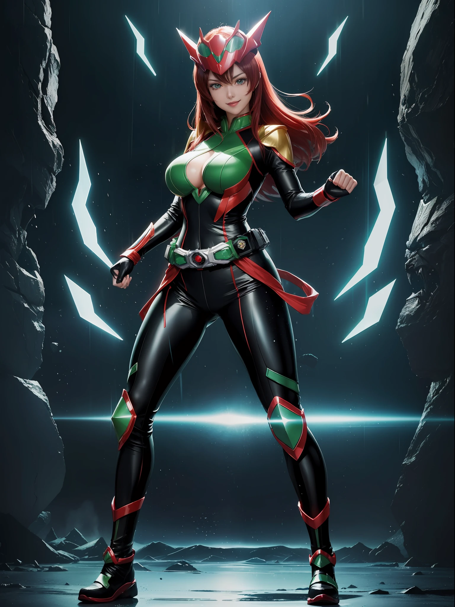 (Full body photo:1.5). ((1Laura/woman/Chinese)), (big breasts:1.2), (Wearing Kamern Rider costume/extremely tight on body/helmet on head:1.2), she's in a futuristic city in battle pose raining hard at night:1.3), she has (red hair:1.0), (green eyes:1.0), (she's looking at the viewer, smiling, fist clenched, she's extremely exhibitionist:1.3), Kamen Rider,  Tokusatsu, anime, framed, symmetry, 16k, best quality, super detail, textured skin, UHD