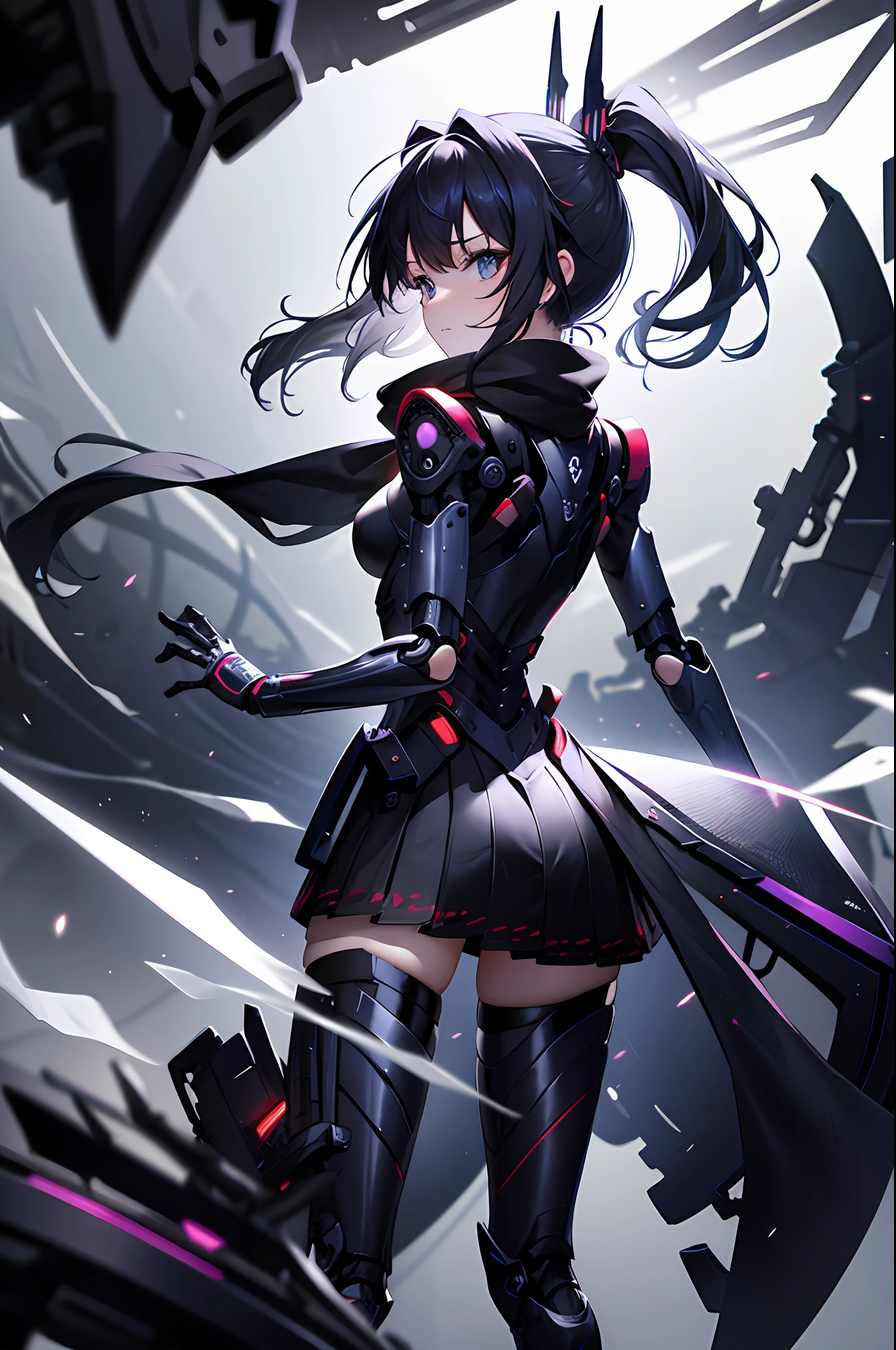 Absurd, very precise details, highly detailed 8K wallpaper, (transcendent beautiful girl: 1.5), ponytail, from back to shoulder, from side, side focus, exoskeleton spine, bodysuit, rest, (mechanical joints, mechanical limbs: 1.3), headgear, break, dynamic angle, (looking back: 1.5), wind blowing, scarf, miniskirt,