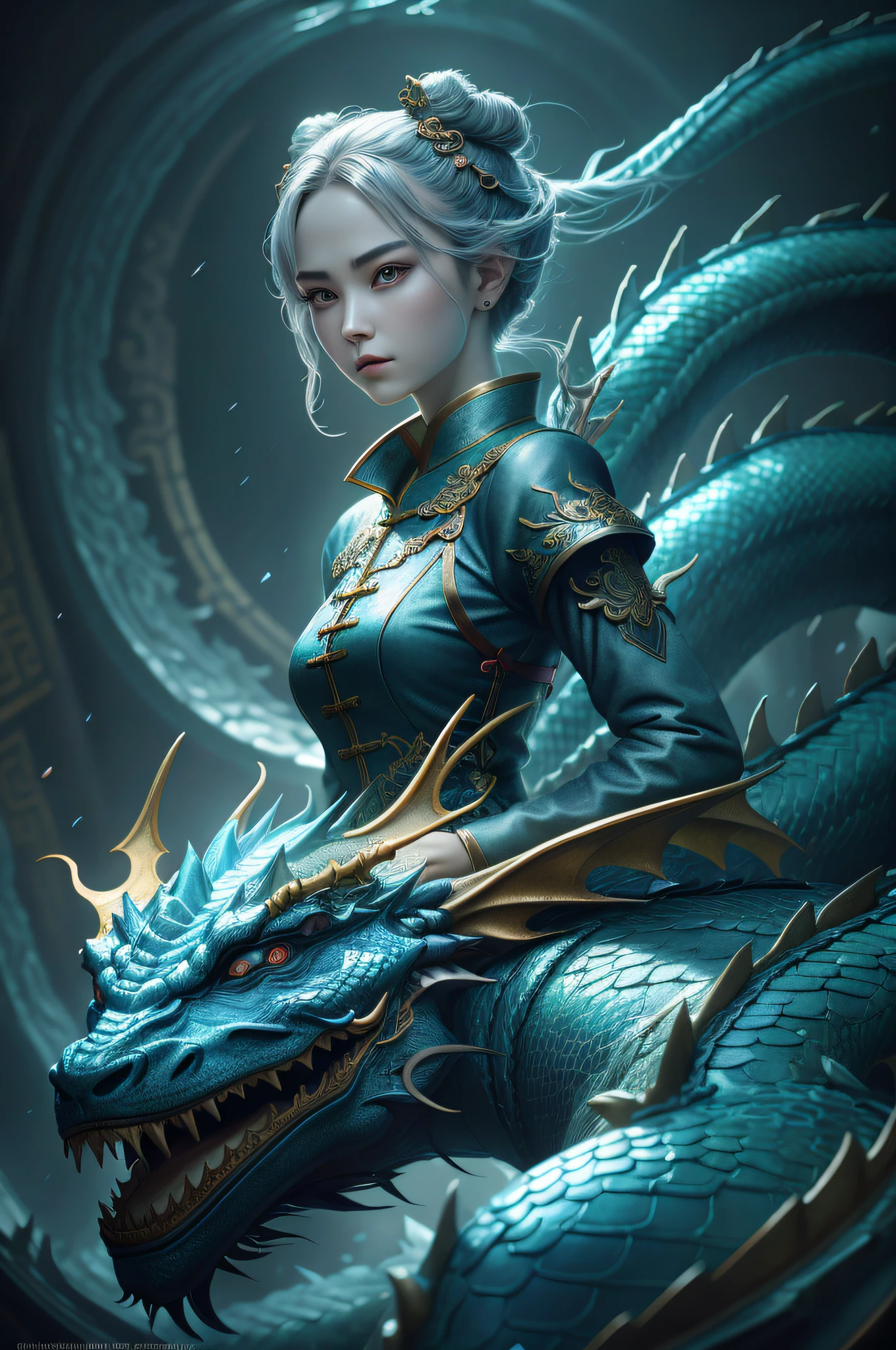 masterpiece, best quality, chinese fairy, woman and dragon, chinese dragon pan shining on girl, bun, dark gray background, high quality image with many details, hyper-detailed, 2d, beautifully color-coded, insane details, intricate details, beautifully colored, Unreal Engine, Cinematic, Color Grading, Editorial Photography, Photography, Photoshoot, Shot on 70mm lens, Depth of Field, DOF, Shutter speed 1/1000, f/2, White Balance, 32k, Super-Resolution, Megapixel, Pro Photo GB, - v4