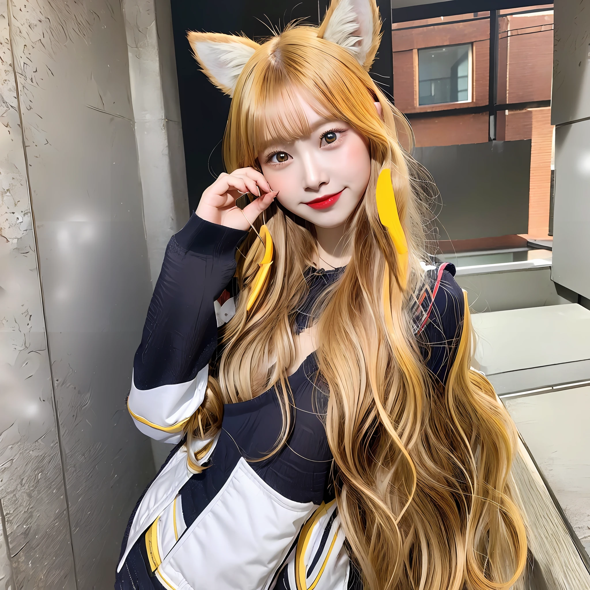1girl, smile, full body, (standing: 1.2), (golden eye), (red eye), (wolf ear), (yellow hair), (wolf tail), (wolf ears), (a cute young girl: 1.1), (wolf ear), beautiful detailed eyes, orange hair, very long hair, small breasts, (looking at viewer), (magazine:1.3), (cover-style:1.3),