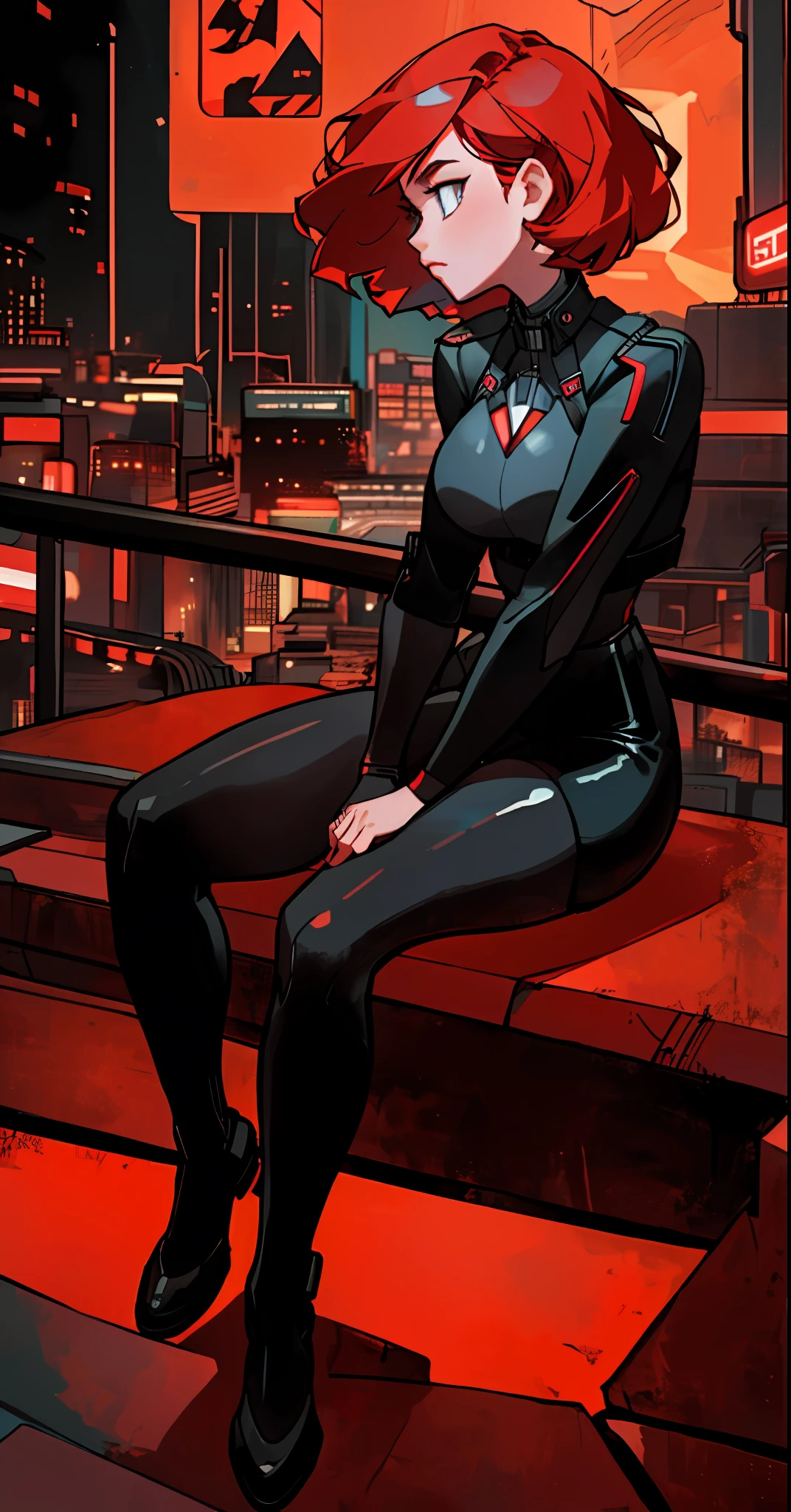 Black widow, short hair, pure black leather tights, pure red hair, looking from top to bottom, full body, perspective composition, exaggerated composition, perfect composition, close up of face, perfect eyes, large perspective, dynamic composition, city in background, neon sign, night, side sitting on railing