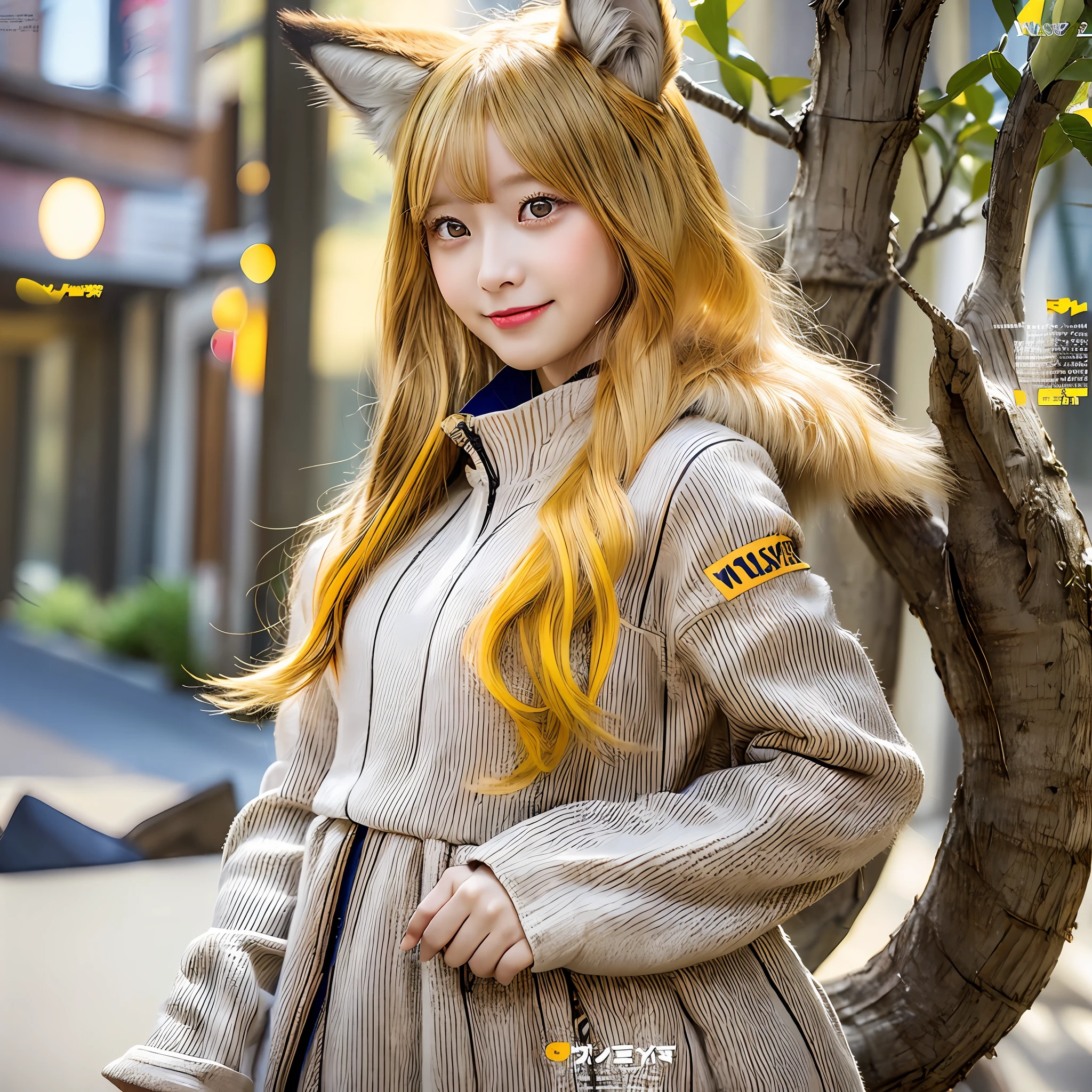 1girl, smile, full body, (standing: 1.2), (golden eye), (red eye), (wolf ear), (yellow hair), (wolf tail), (wolf ears), (a cute young girl: 1.1), (wolf ear), beautiful detailed eyes, orange hair, very long hair, small breasts, (looking at viewer), (magazine:1.3), (cover-style:1.3),