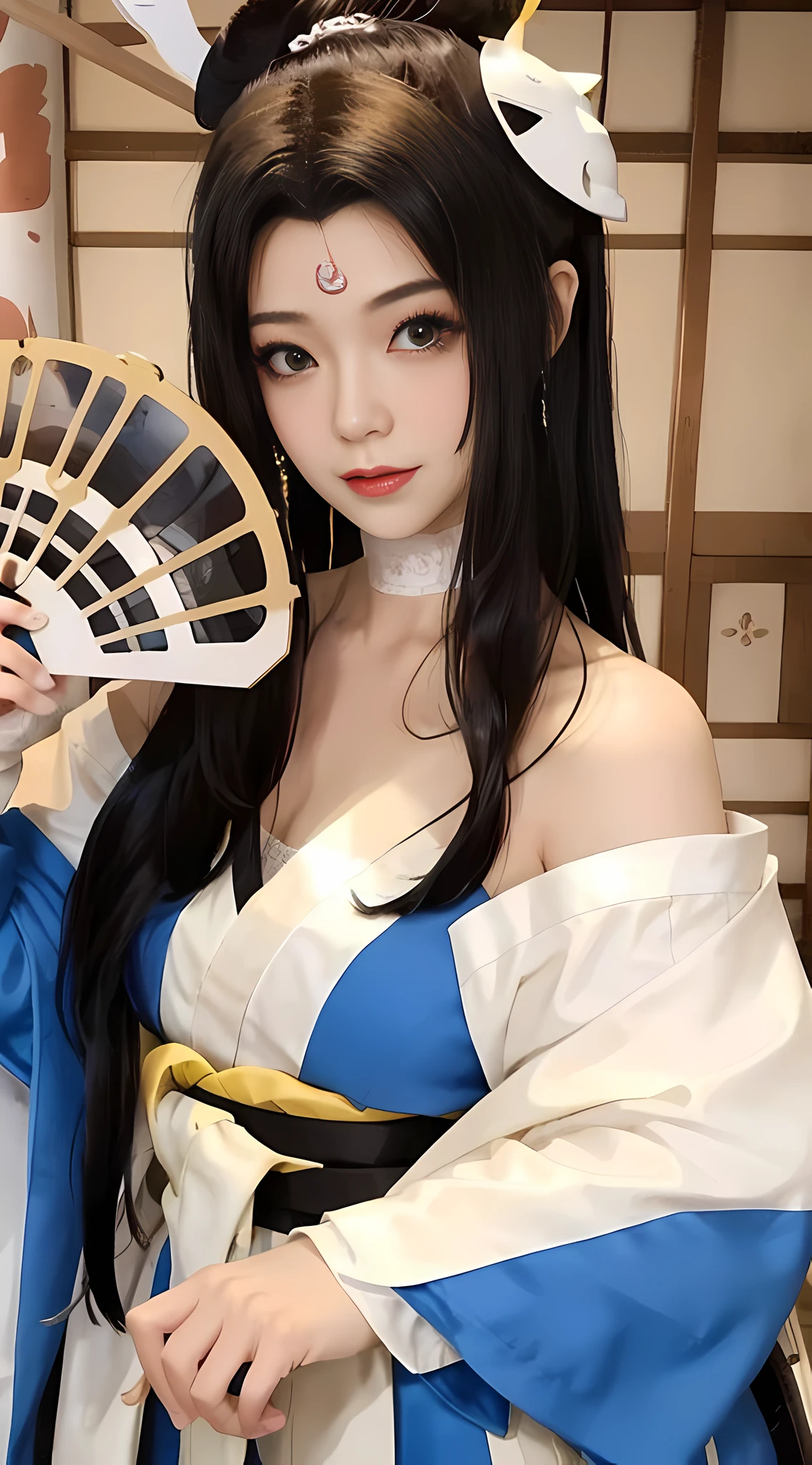 Huo Wu, 1 girl, solo, black hair, long hair, white thighs, chair, high heels, cosplay, ((upper body)), young beauty, tall beauty, fair face, perfect facial features, tall beauty, fair skin, good figure, 8K, CG, holding a fan, blue theme, gameCG background, 3D rendering, realistic, cinematic lighting, smooth fog, detailed face, light smile, ((((Japanese style architectural background)))