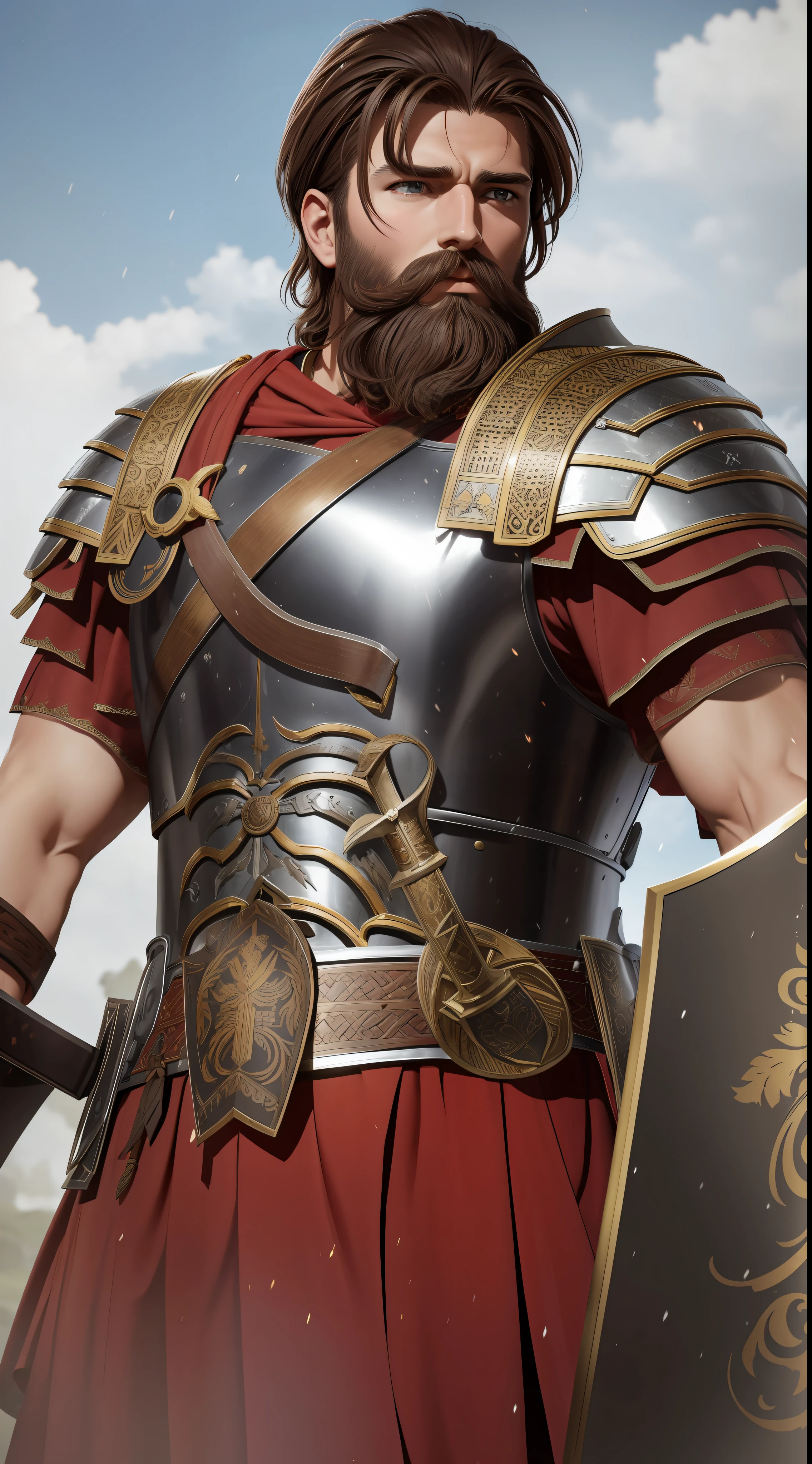 Germanic man with brown hair, medium and full beard, with armor of the Roman army, including sword and shield characteristic of Rome in a battle against other invading armies.