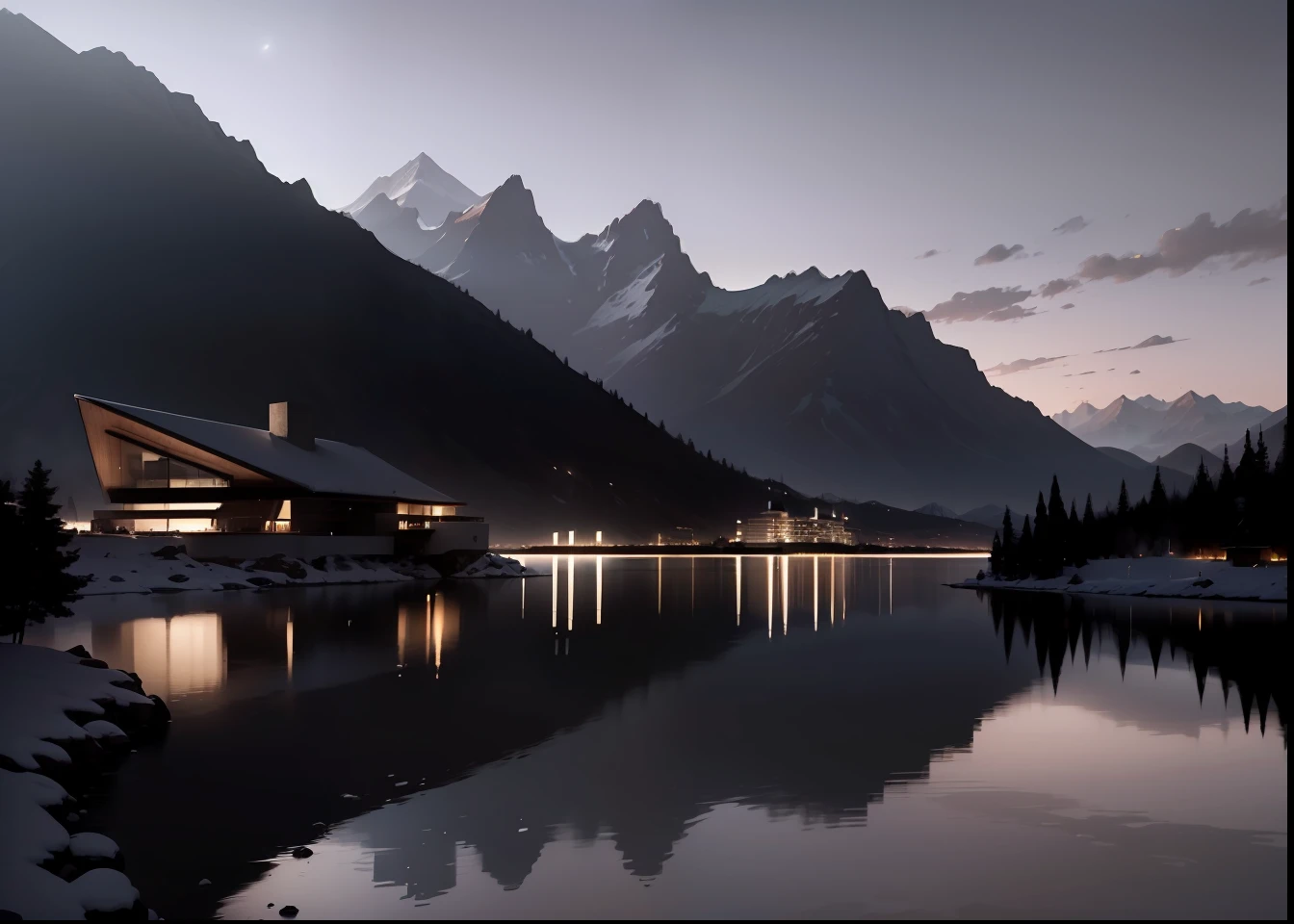 At night, the wind blows over the mountains, (mountain 1.0 lake :1.2), the lights fade :1.0, (modern architecture :1.1) Majestic, sublime, quiet, secluded, detailed shadows, picturesque, dramatic :1.0, breathtaking, remote, ethereal, 8k, ultra-realistic, ultra-detailed, masterpieces,