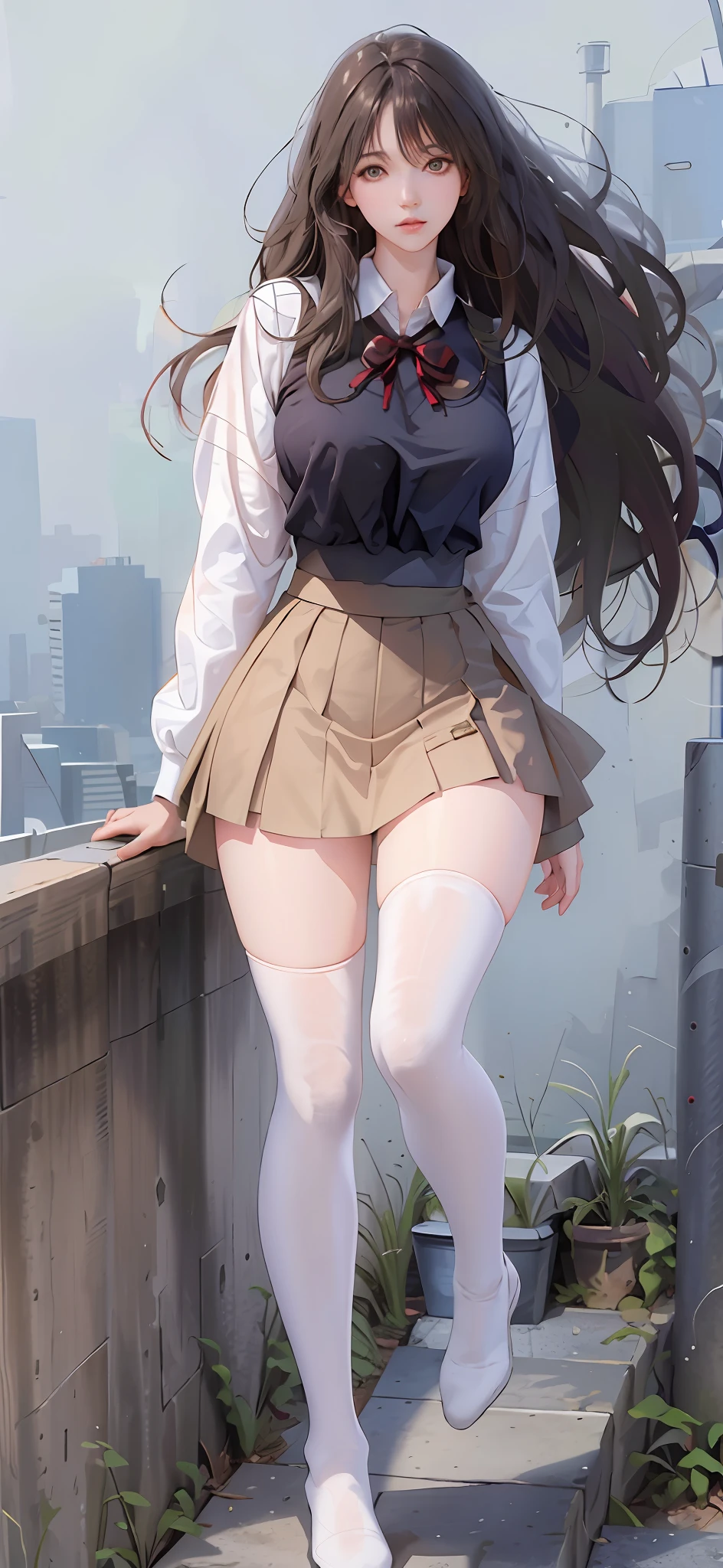 ((masterpiece, best_quality)), 1girl, (photorealistic:1.4), solo, white_background, black_hair, long_hair, zettai_ryouiki, skirt, ((full_body)),