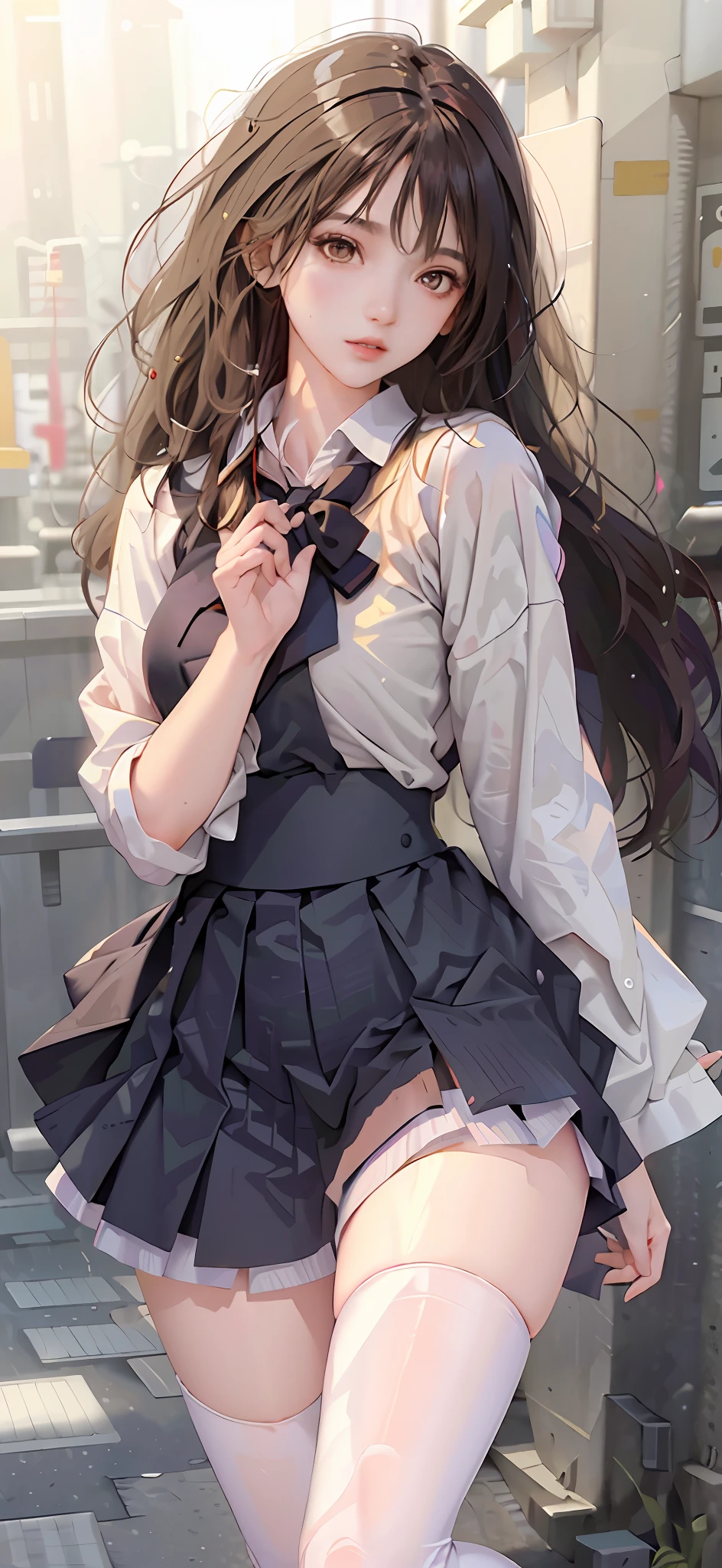 ((masterpiece, best_quality)), 1girl, (photorealistic:1.4),  solo, white_background, black_hair, long_hair,   zettai_ryouiki, skirt, ((full_body)),