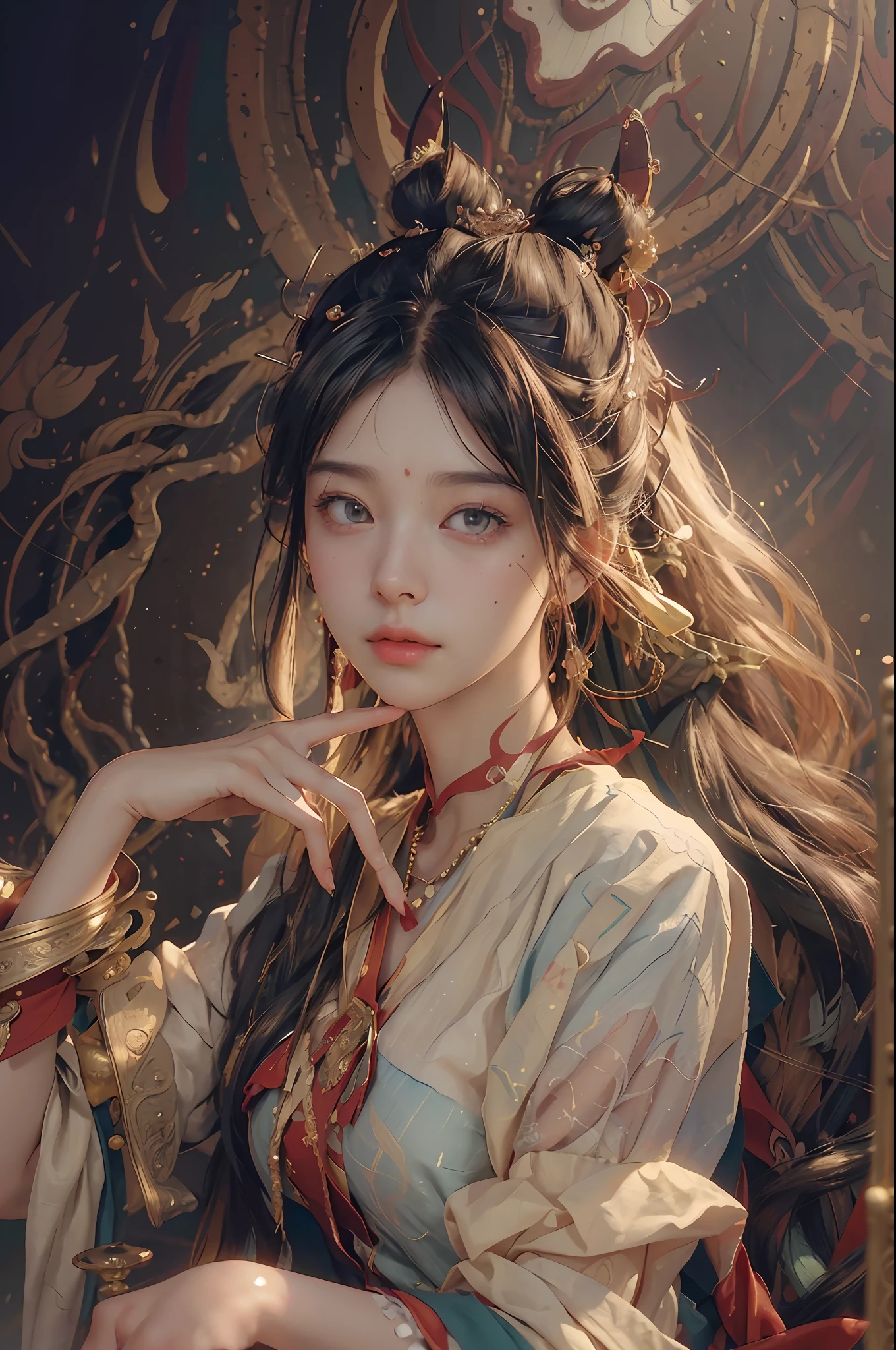 (RAW photo, best quality), (realistic, photo-realistic:1.3),best quality,highly detailed,masterpiece,ultra-detailed,illustration,1girl,upper_body,dynamic angle,world masterpiece theater,messy_long_hair,best quality,extremely detailed CG unity 8k wallpaper,ink,Amazing,cinematic lighting,lens_flare, dunhuang_style