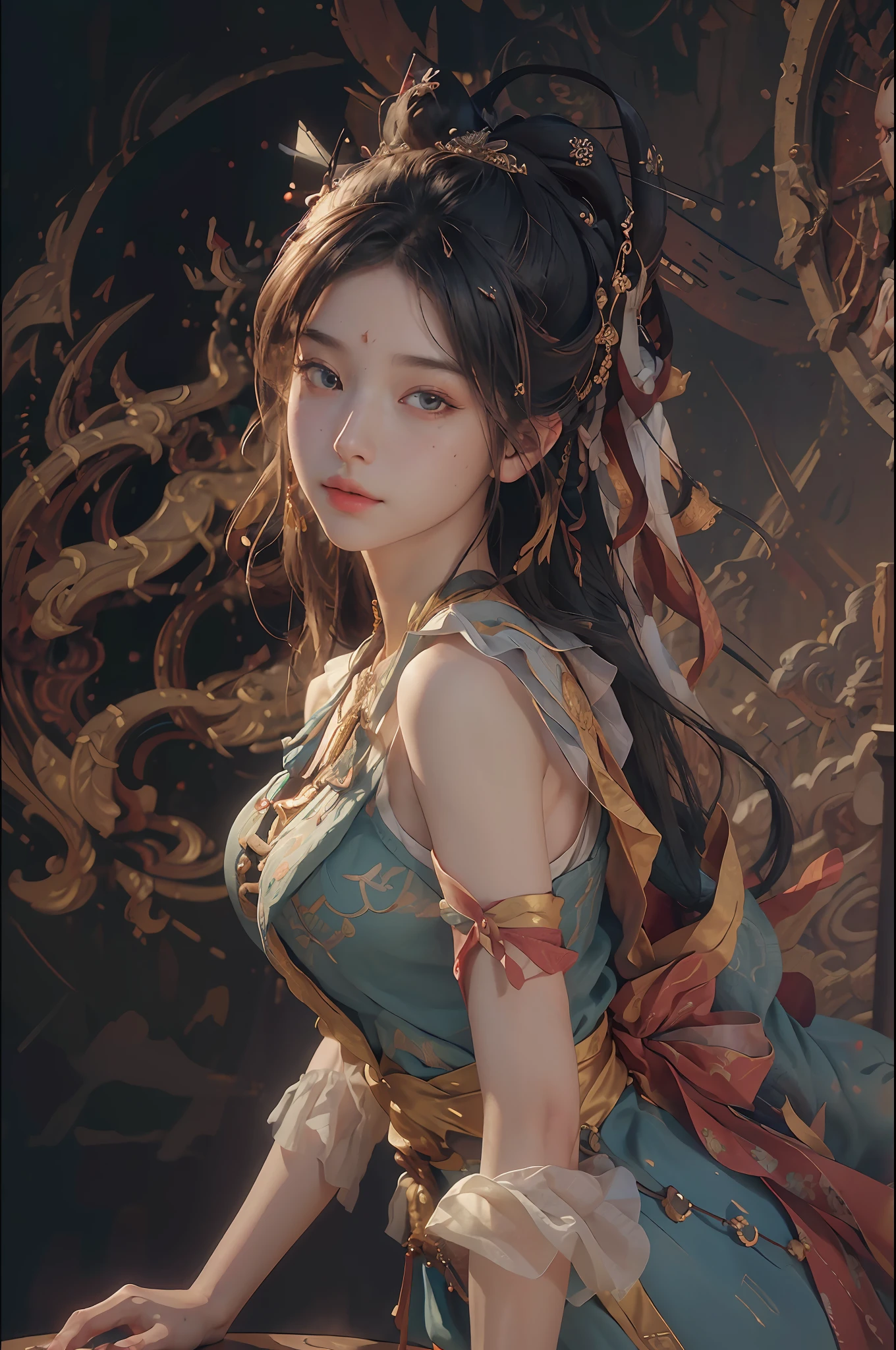 (RAW photo, best quality), (realistic, photo-realistic:1.3),best quality,highly detailed,masterpiece,ultra-detailed,illustration,1girl,upper_body,dynamic angle,world masterpiece theater,messy_long_hair,best quality,extremely detailed CG unity 8k wallpaper,ink,Amazing,cinematic lighting,lens_flare, dunhuang_style