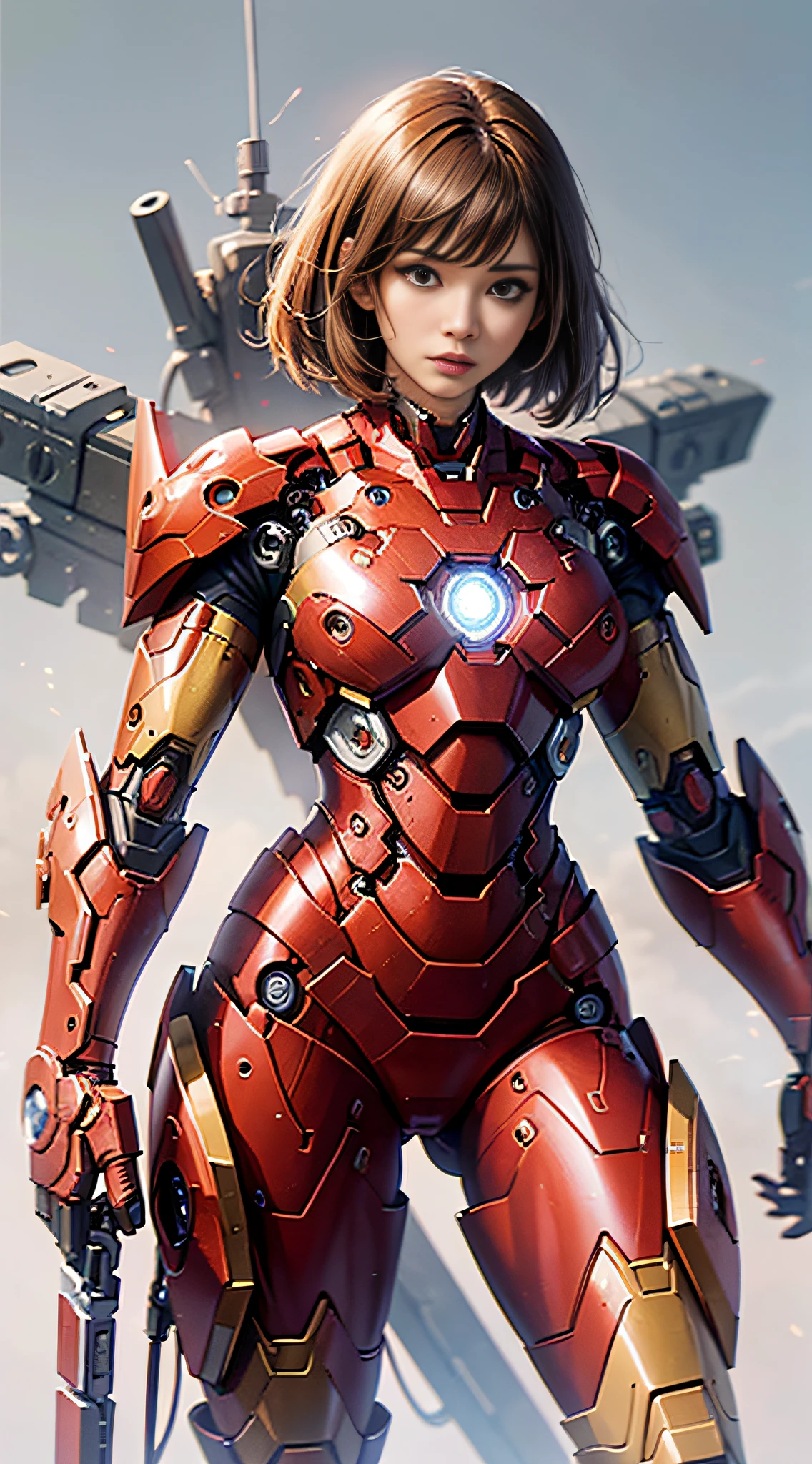 Draw one, female version of Iron Man, red mecha, beautiful look, mature female, hot body, medium distance shot, background is ink painting style, 4K quality --auto --s2