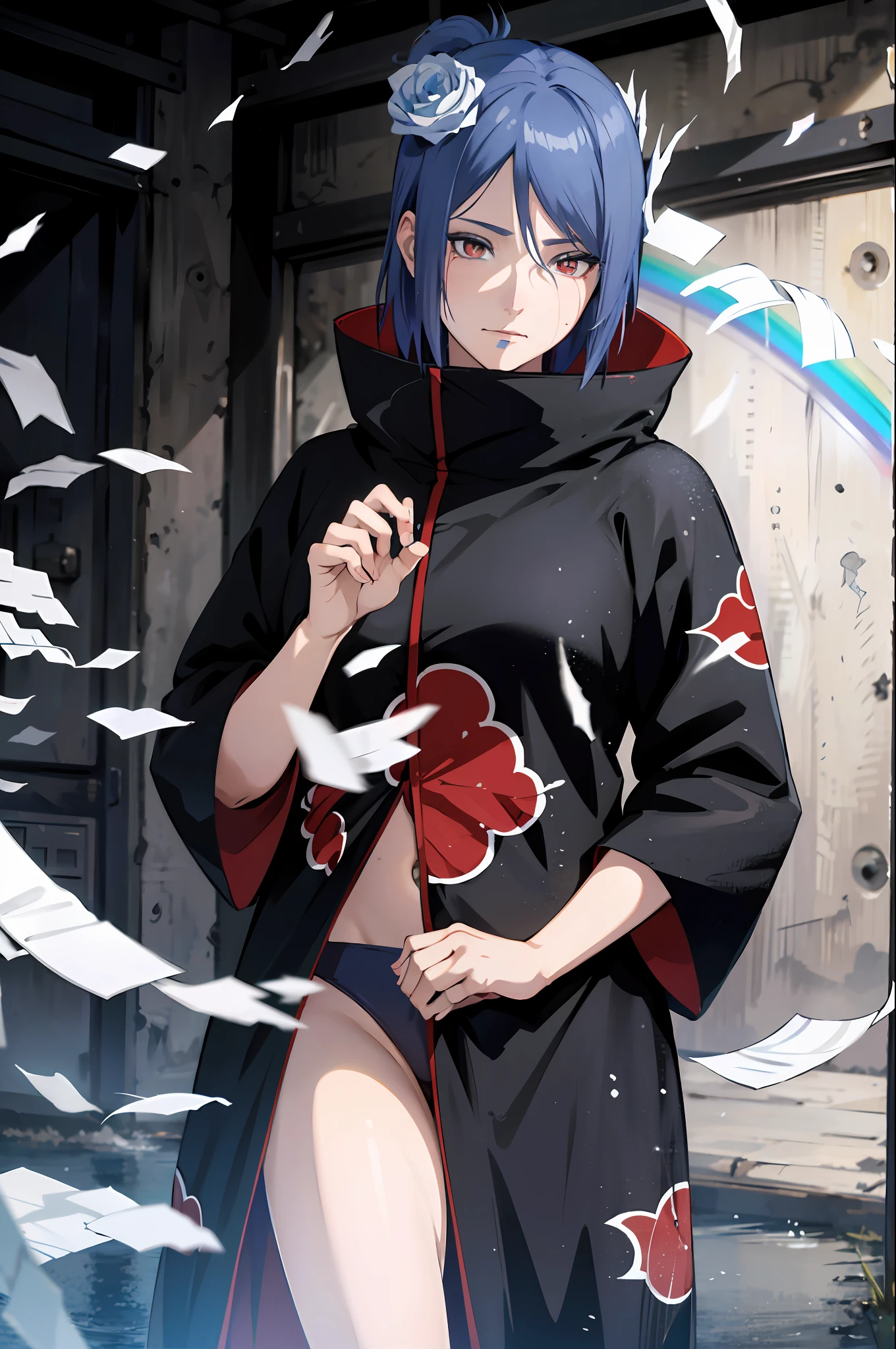 absurdres, (best quality), (masterpiece),(ultra-detailed:1.2),(photorealistic:1.1),(highres),
1girl,(injury:1.1),(blood:1.1),
konan \(naruto\), (akatsuki outfit:1.1), labret piercing, (paper:1.2),
ripples,swirling ,rainbow,