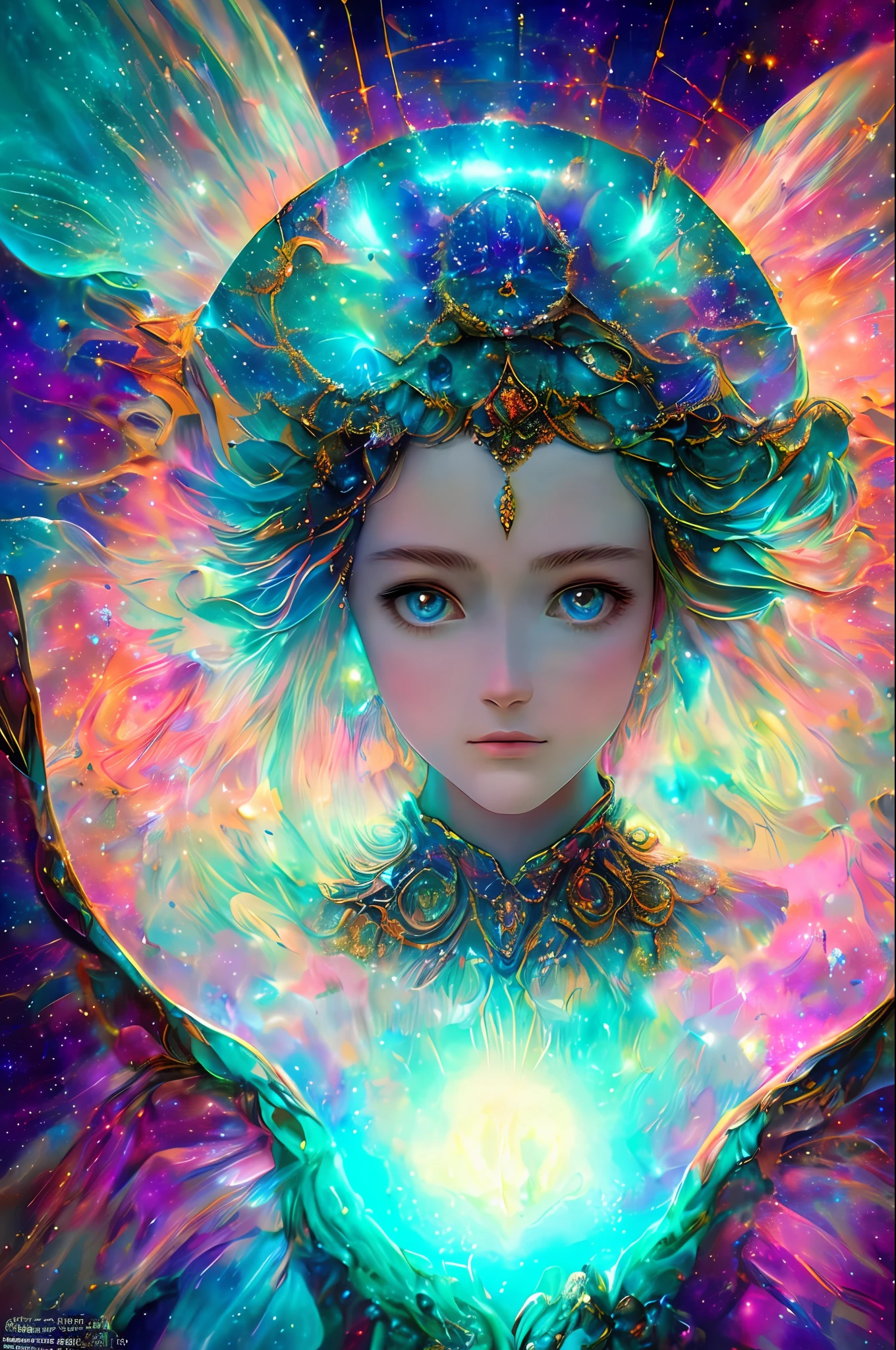 ((best quality)), ((masterpiece)), ((realistic)), portrait, 1girl, celestial, deity, goddess, light particles, halo, looking at viewer, (bioluminescent:0.95) ocean, bioluminescent, jellyfish, Vibrant, Colorful, Color, (Glow, Glow), (Beautiful Composition), Cinematic Lights, Intricate, (Symmetry: 0.5), Whimsical,