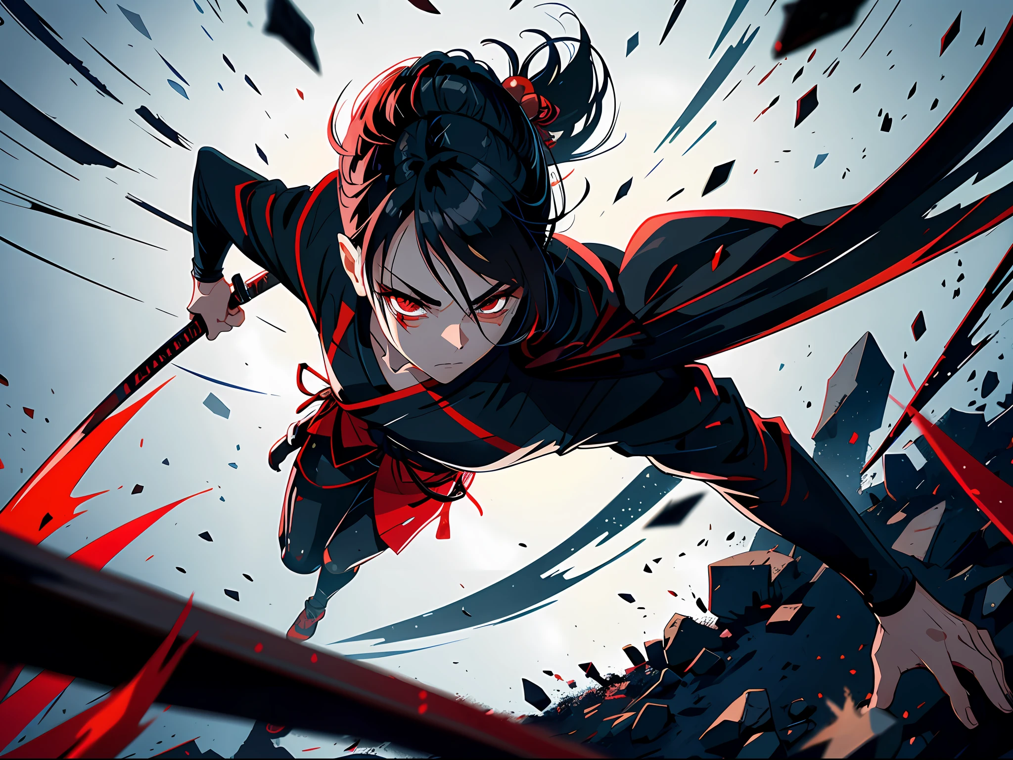 Katana, katana swipe trail, random katana trail, slash trail, afterimage swing katana, motion blur katana, broken glass image visual effect, black and red, cool, masterpiece, absurdres