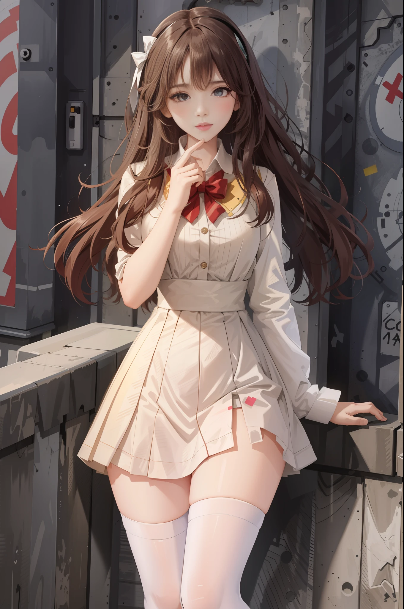 (Best quality, masterpiece: 1.1), (True: 1.4), 1girl, portrait, (corneo_dva), short white dress, stockings, wide hips, thin waist, long legs