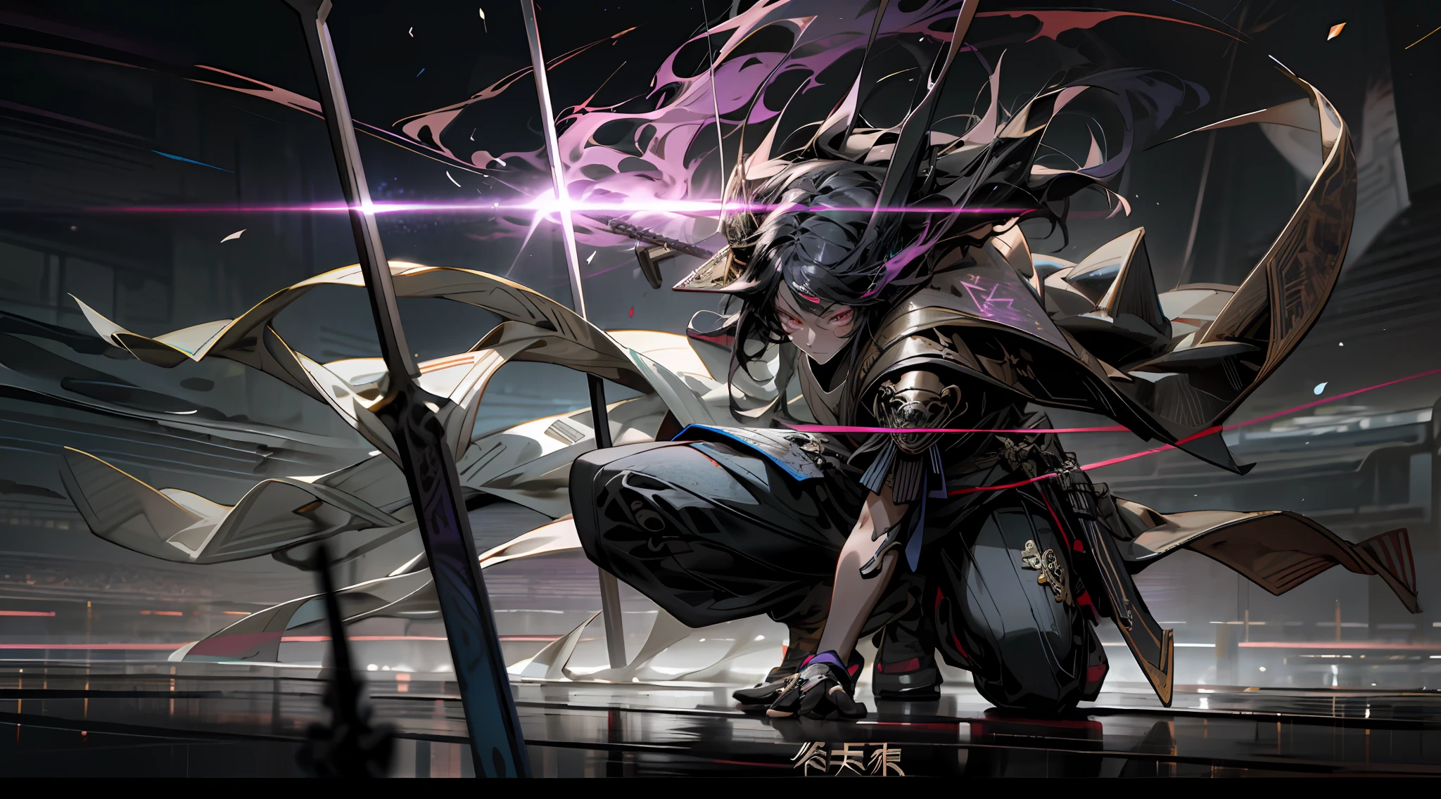 Cyberpunk style, Oil painting texture,full length shot, a Chinese handsome girl, sharp eyes, clear facial features, dressed in Hanfu, in battle, in the middle of black smoke flow, covered with purple smoke, Surrounded by runes,martial arts action,holographic display, holographic halo, dynamic blur, game light effects, rim light, soft light,film edge light, fine gloss,3D art, ultra - detailed, futurism,HD