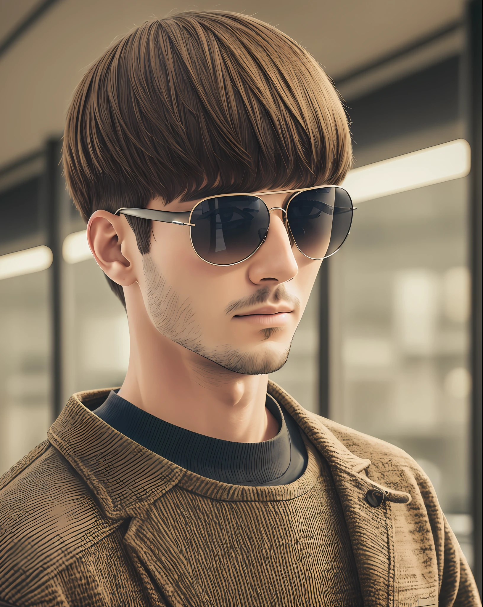 realistic photo of a man with bowl cut, wearing sunglasses, in the airport, hatching (texture), Eye-Level Shot, depth of field, chiaroscuro, UHD, best quality, 16k --auto --s2
