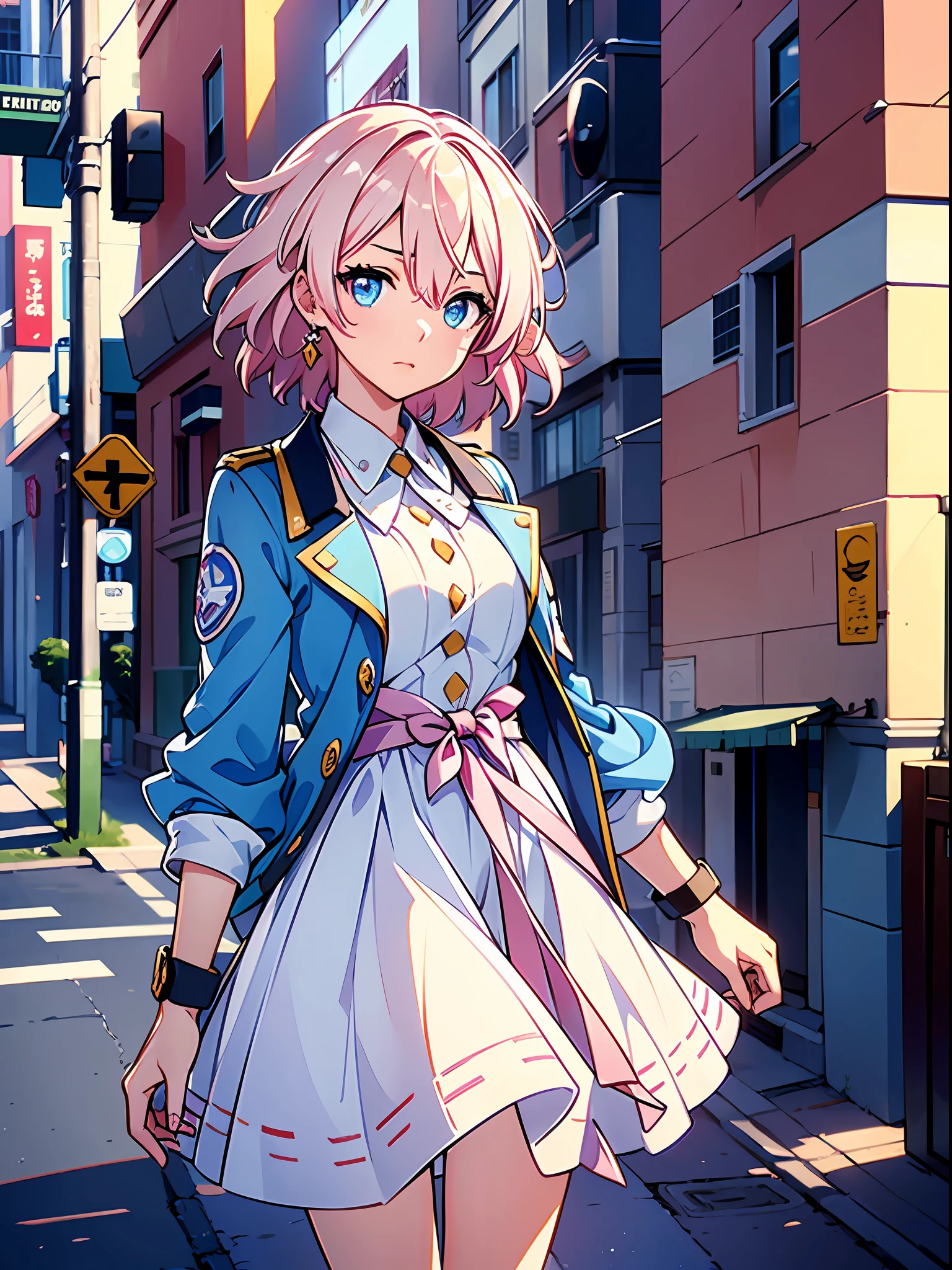 Exquisite masterpiece, best quality, illustration style, an anime girl with pink hair, short hair, city street, sweet expression, powder blue gradient eyes, small, casual dress, white dress with blue jacket, hem blown by the wind, youth and beauty, dynamic posture contains the golden section, large aperture portrait, picture white, strong contrast between light and shadow, super texture, super clear and concise picture, presenting extremely beautiful, elegant temperament, diverse delicate facial expressions, background blurring