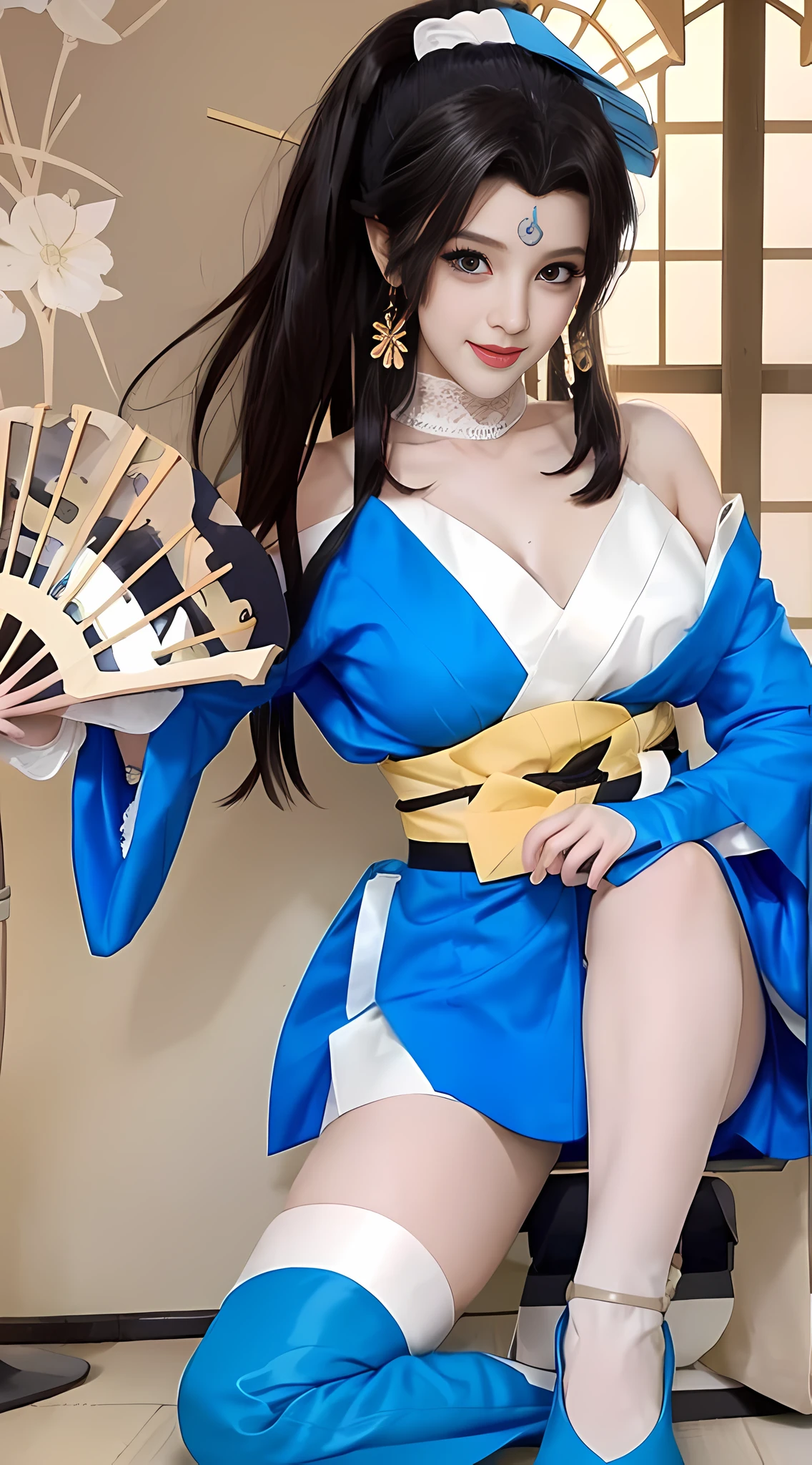 Huo Wu, 1 girl, solo, black hair, long hair, white thighs, chair, high heels, cosplay, ((upper body)), young beauty, tall beauty, fair face, perfect facial features, tall beauty, fair skin, good figure, 8K, CG, holding a fan, blue theme, gameCG background, 3D rendering, realistic, cinematic lighting, smooth fog, detailed face, light smile, ((((Japanese style architectural background)))