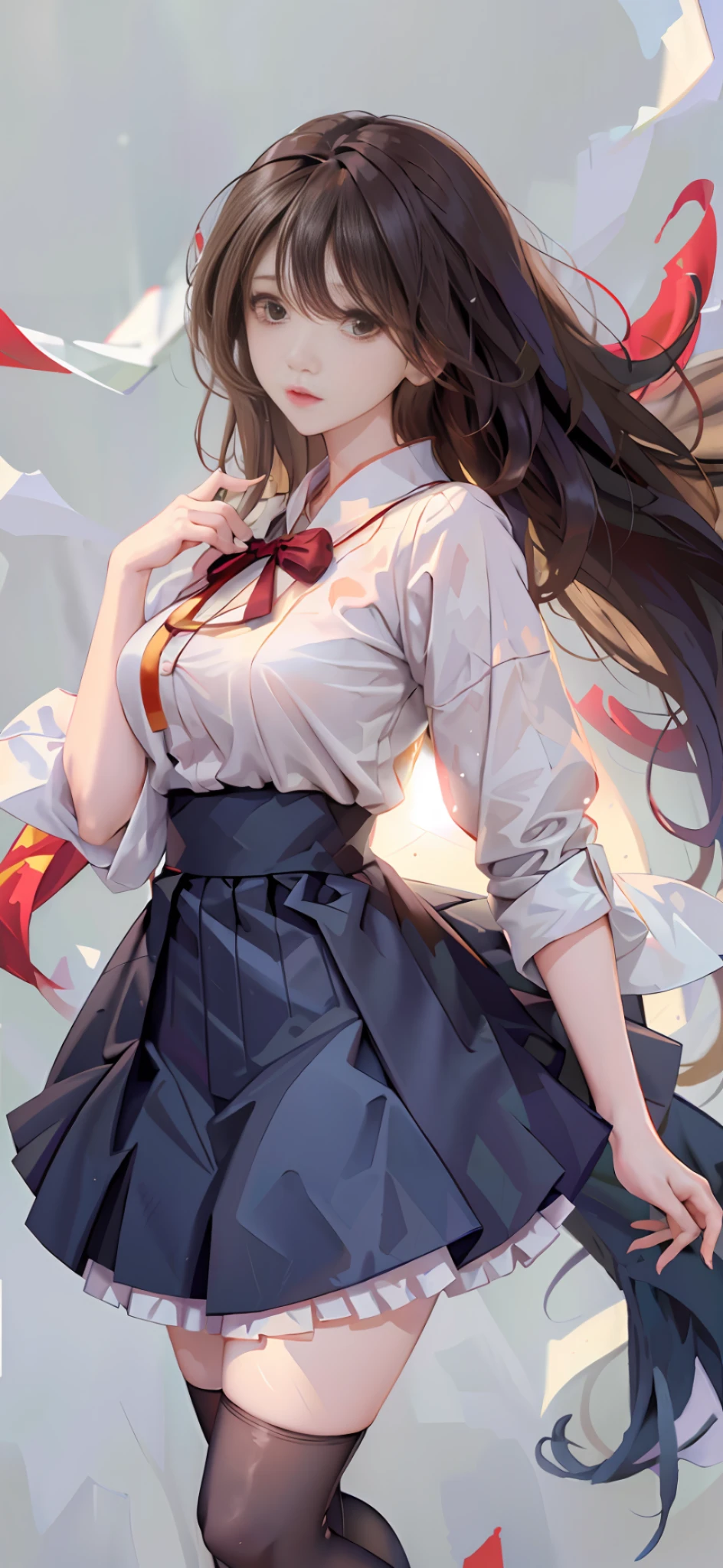 ((masterpiece, best_quality)), 1girl, (真实感:1.4), solo, white_background, black_hair, long_hair, zettai_ryouiki, skirt, ((full_body)),宽臀,细腰