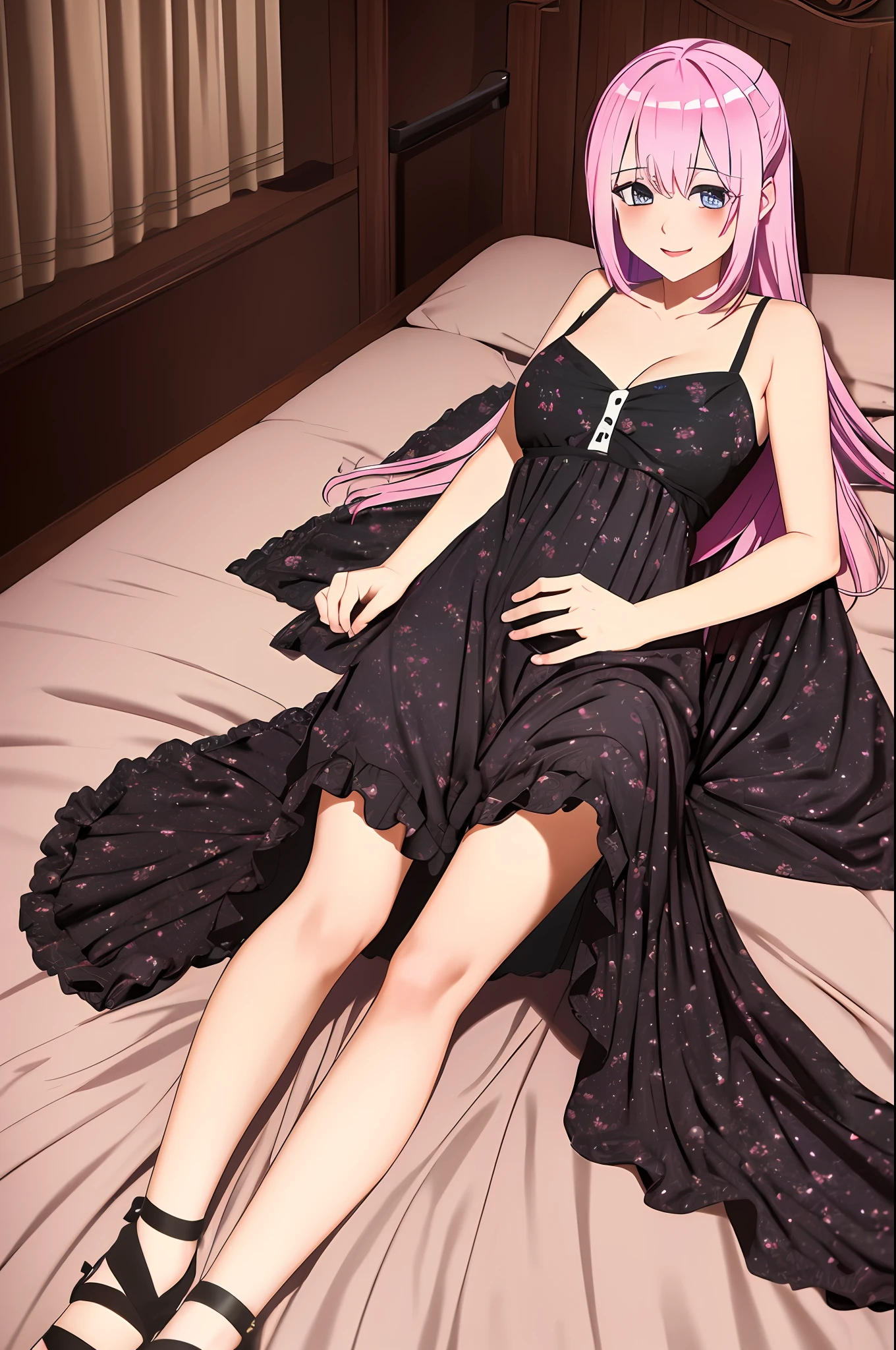 1girl, solo, shikimoriMicchon, highres, hdr, (((best quality, masterpiece))), ultra detailed illustration, extremely detailed face, (night dress), open mouth, smile, blush, bed, bedroom, lying, long dress, sexy pose, hands behind, (lying on bed), spread arm, head on pillow,