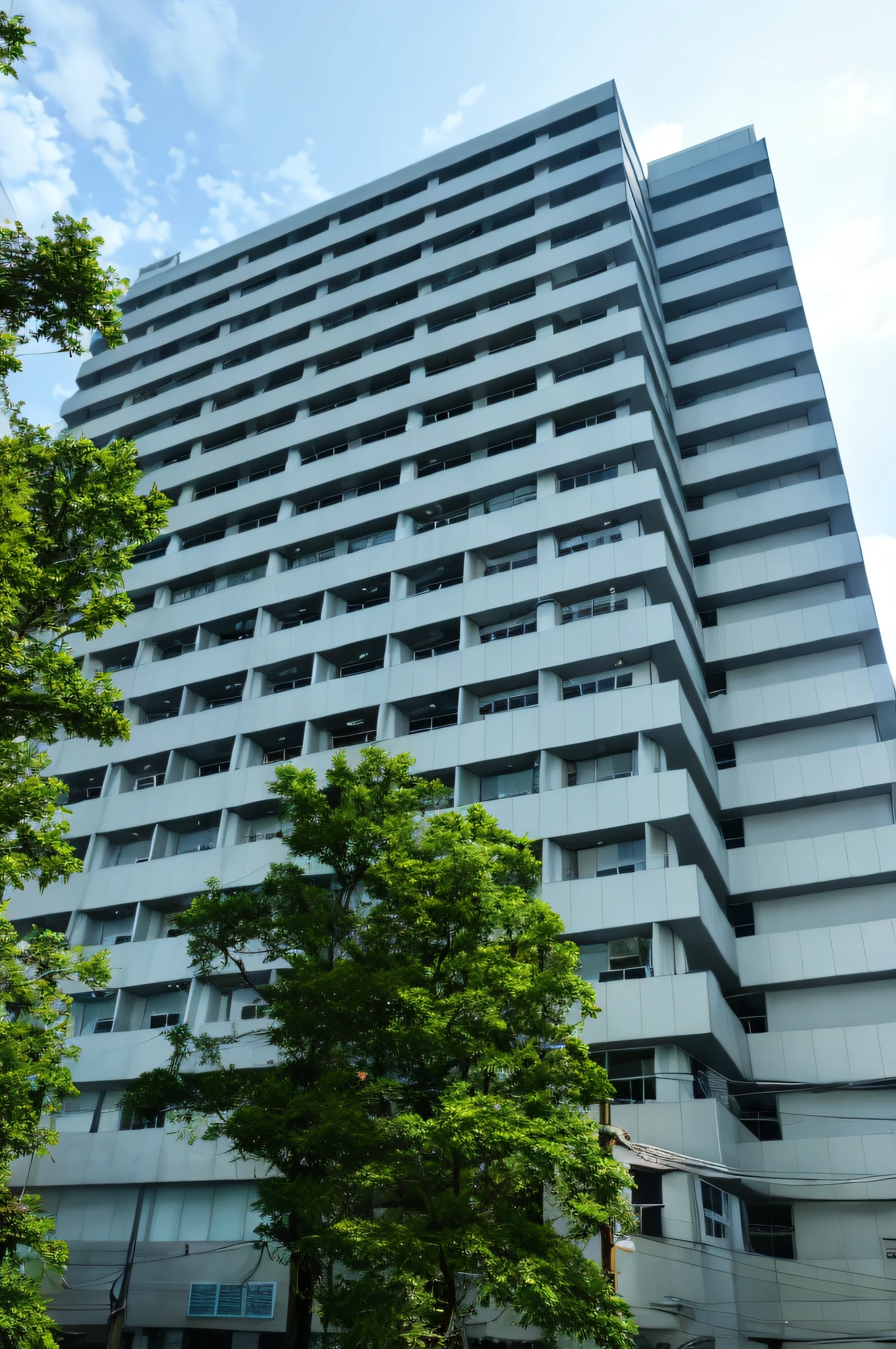 High-rise building with many windows and trees in front of the building is full, multi-storey building, white building, arhitectural shot, neat and dense building in the style of cruelty, the building is a central image skyscraper, brutal style, brutal building, north tower with Stalin-style high-rise building, facing the building. patio painting with table and chairs and flowering trees, anime background art, japanese art style, beautiful anime scenery, dreamy chinese city, japanese village, beautiful artwork illustration, detailed landscape art, landscape artwork, beautiful anime scene, scenery, 8k high-quality detailed art, japanese district, anime scenery art concept, japanese city, beautiful peace scene anime