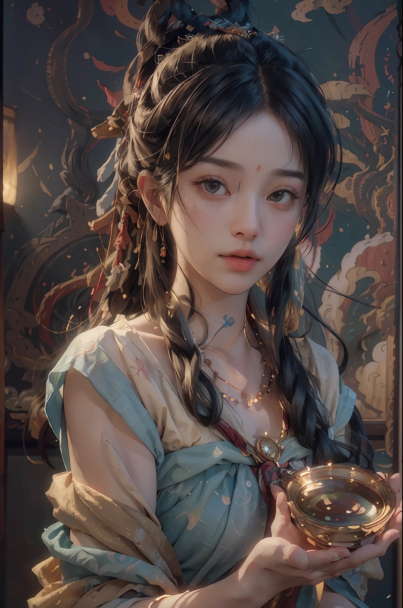 (RAW photo, best quality), (realistic, photo-realistic:1.3),best quality,highly detailed,masterpiece,ultra-detailed,illustration,1girl,upper_body,dynamic angle,world masterpiece theater,messy_long_hair,best quality,extremely detailed CG unity 8k wallpaper,ink,Amazing,cinematic lighting,lens_flare, dunhuang_style