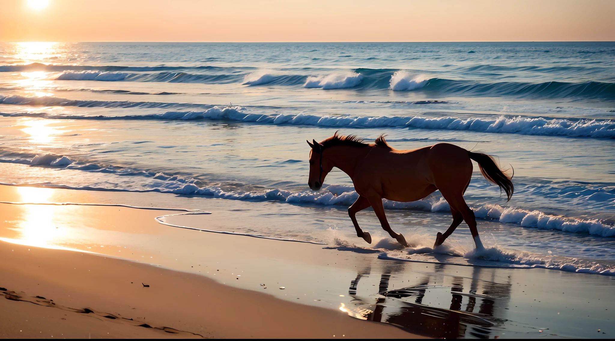 "(8k, RAW photo, best quality, masterpiece: 1.2), (realistic, photorealistic: 1.37), two horses trotting on the beach: 1.5, water transparency: 1.1, reflection of light on the fur of creatures: 1.25)".