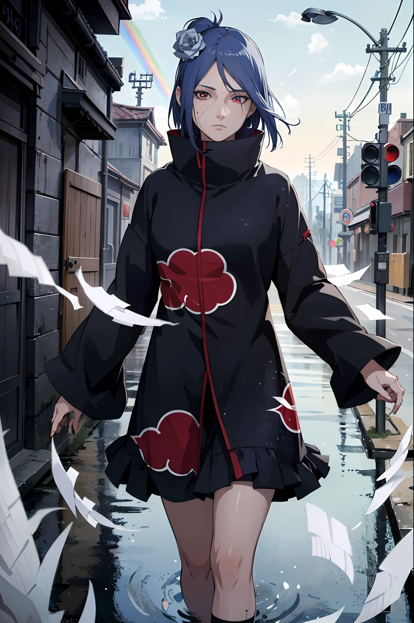 absurdres, (best quality), (masterpiece),(ultra-detailed:1.2),(photorealistic:1.1),(highres),
1girl,(injury:1.1),(blood:1.1),
konan \(naruto\), (akatsuki outfit:1.1), labret piercing, (paper:1.2),
ripples,swirling ,rainbow,