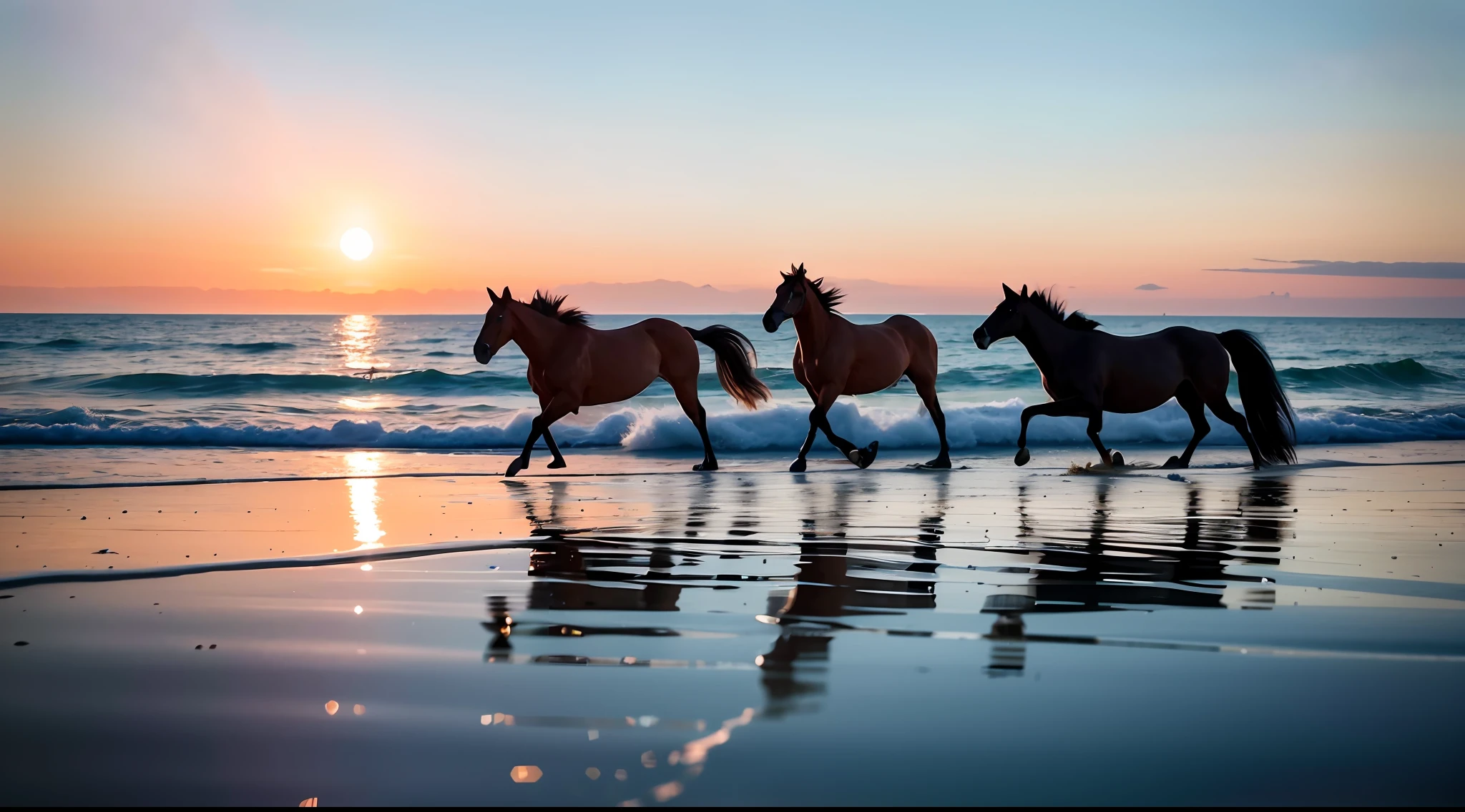 "(8k, RAW photo, best quality, masterpiece: 1.2), (realistic, photorealistic: 1.37), two horses trotting on the beach: 1.5, water transparency: 1.1, reflection of light on the fur of creatures: 1.25)".