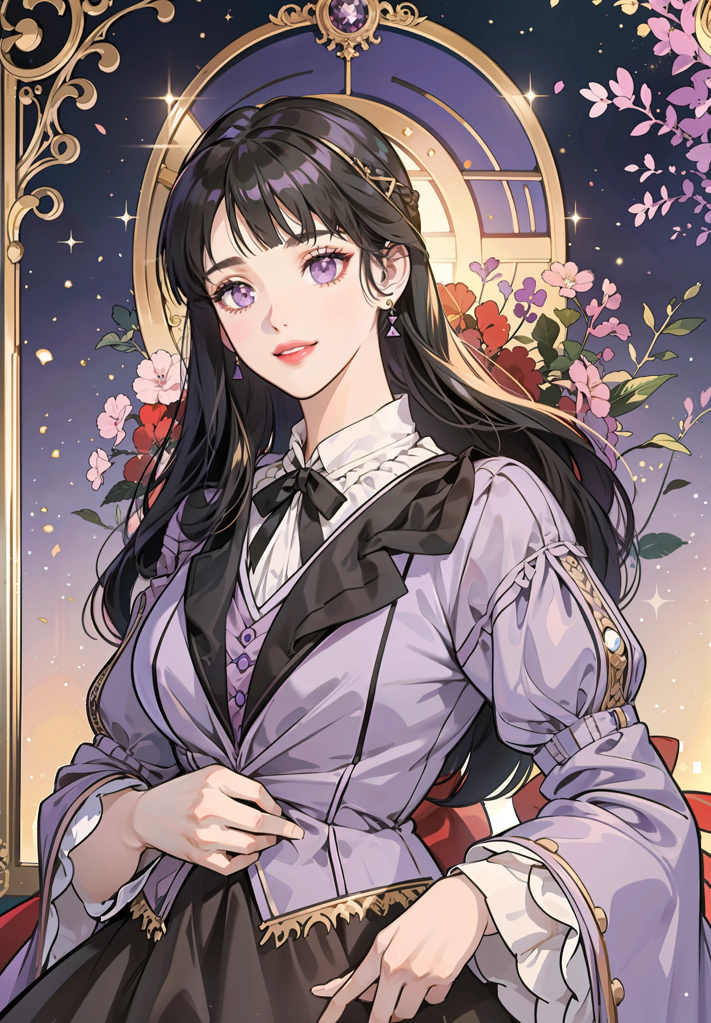 Princess,light purple eyes, (((black hair))),purple outfit, young, mature, beautiful woman, gold earring, detailed, quality, highly detailed, solo, hinata with victorian attire, ((((victorian attire)))), 1 girl, solo, (((blunt bangs))), smile, red lips, (((long straight hair)))