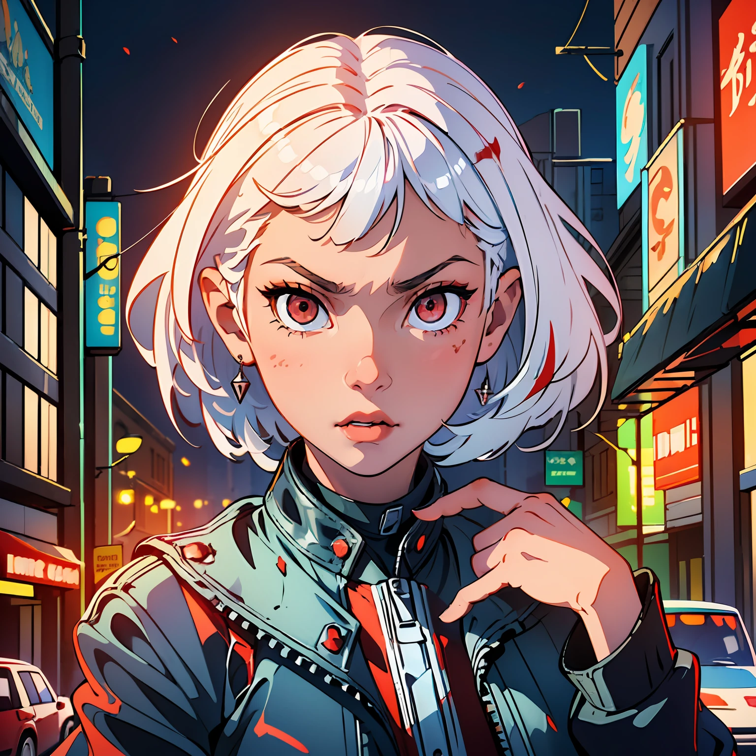 (artwork:1.3), (masterpiece:1.4), (detailed eyes:1.2), (perfect face), (cinema lighting), artistic tones, (illustrative cinematic), (pop art), (1girl) short white hair, (shimmering red detailed eyes:1.4)0.7], fair skin wearing black jacket, face facing the viewer, serious, neutral, imposing expression, gothic background, of city ​​at night, lights dim, dim, tender, (with some blood his face, near the eye, mouth, giving the scene a dramatic look:1.4)