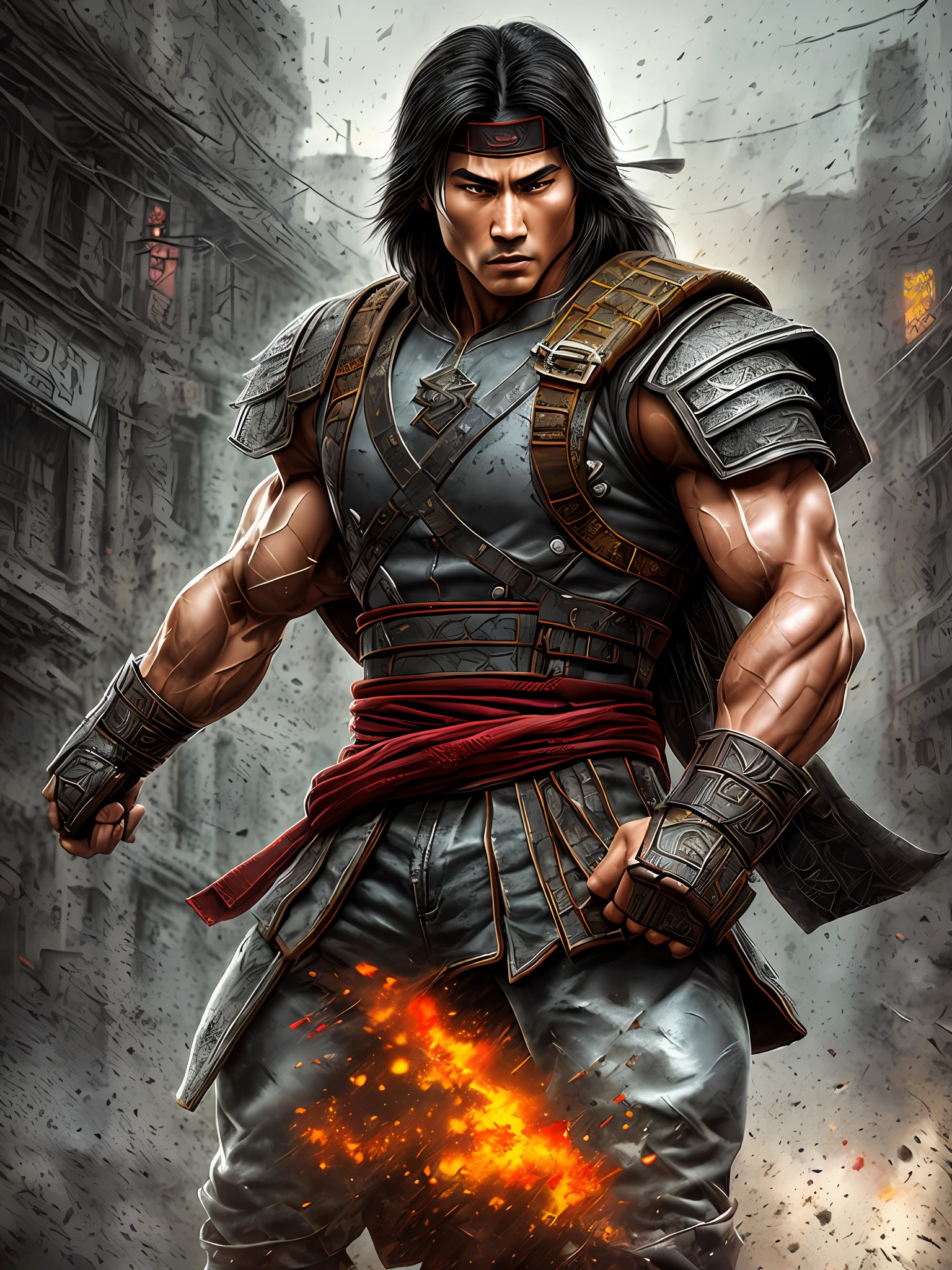 (Liu Kang)strong and muscular man, angry street, backpack, realistic epic, photo, faded, complex things around, intricate background, soaked, neutral colors, (((((hdr)))), ((((soft colors)))), intricate scene, artistic station, intricate details, vignette, fighter