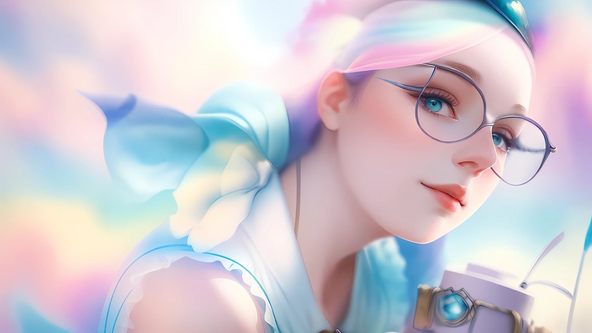 (masterpiece), best quality, ultra-detailed, mysterious woman with a hat and flowing dress, colorful watercolor background, vibrant pastel hues, dreamy atmosphere, (dynamic pose), (2:1 widescreen), (animated), Pintura.