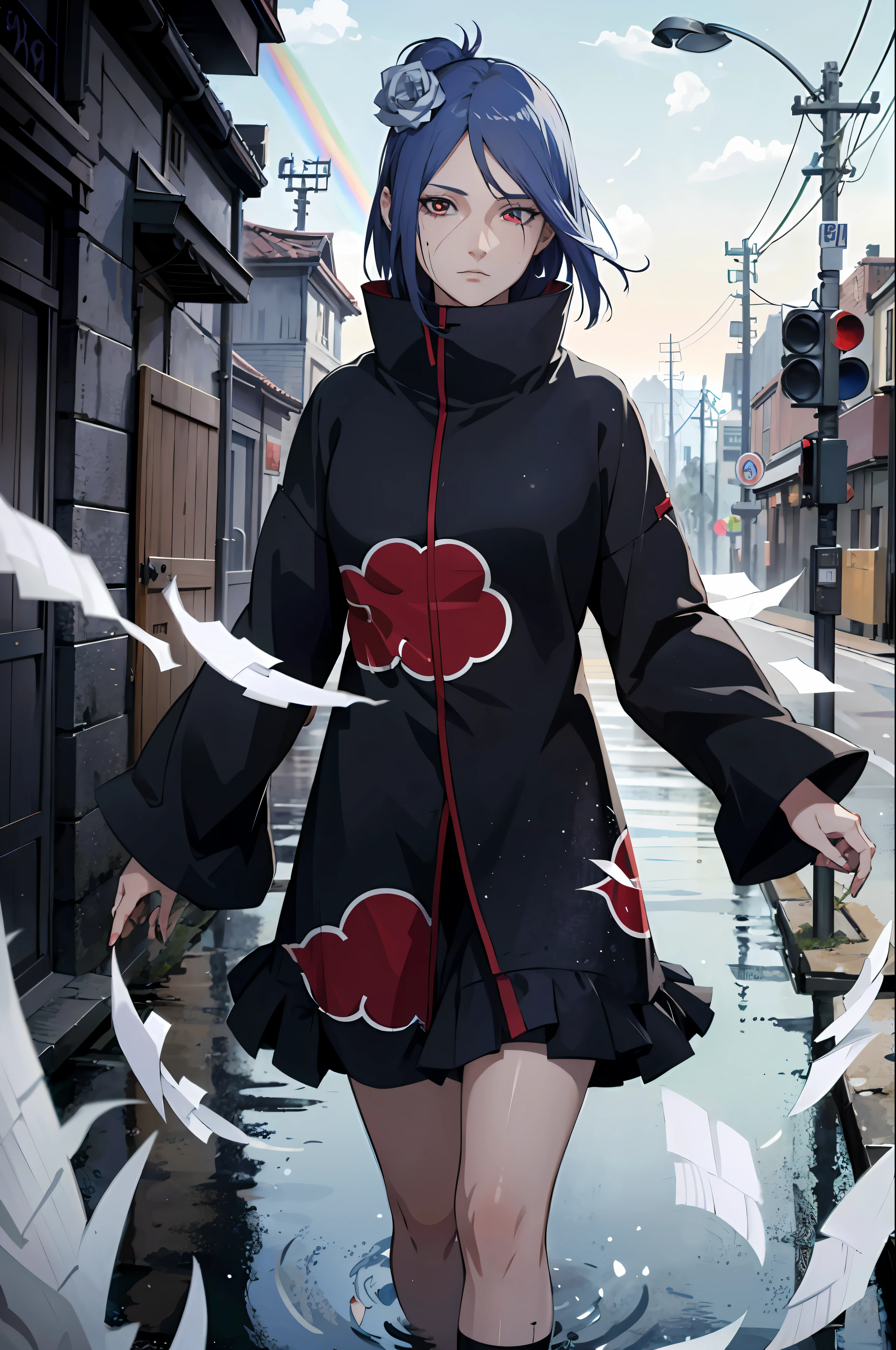 absurdres, (best quality), (masterpiece),(ultra-detailed:1.2),(photorealistic:1.1),(highres),
1girl,(injury:1.1),(blood:1.1),
konan \(naruto\), (akatsuki outfit:1.1), labret piercing, (paper:1.2),
ripples,swirling ,rainbow,
