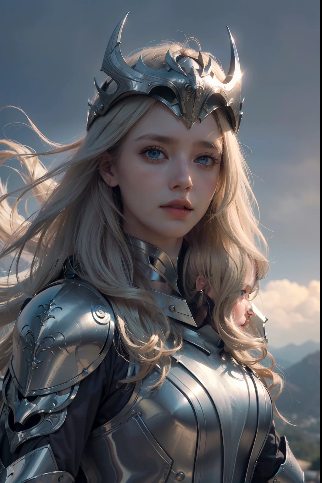 ((Best Quality, 8k, Sharp Focus, 35mm Lens, Masterpiece: 1.2, Cinematic Light, Ultimate Girl, Highly Detailed Facial Textures, Highly Detailed Facial Textures, detailed beauty makeup: 1.2, realistic skin, detailed bangs)), The background of night the mountain, (detailed Full Metal Armor), flame-lance, (circlet helmet), 24 years old, detailed divine pale blonde hair, long wavy messy hair, wind, light fog, devil's castle, beautiful detailed deep blue eyes, sense of determination Courageous face, final battle, absurdity, looking back