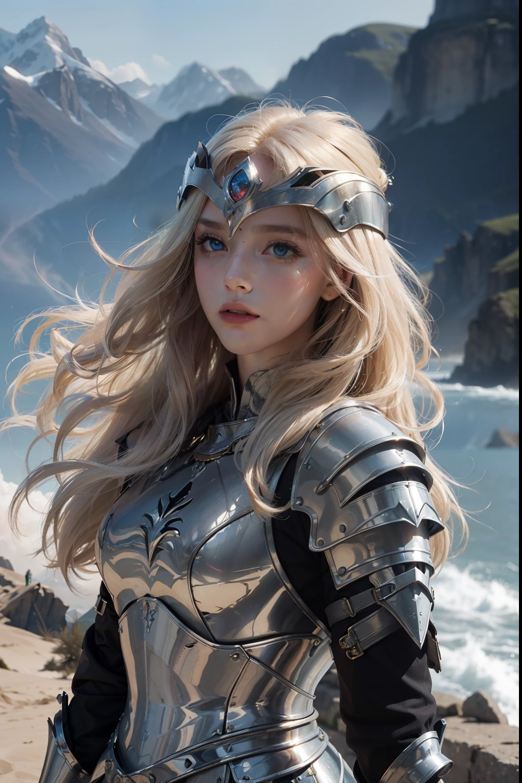 ((Best Quality, 8k, Sharp Focus, 35mm Lens, Masterpiece: 1.2, Cinematic Light, Ultimate Girl, Highly Detailed Facial Textures, Highly Detailed Facial Textures, detailed beauty makeup: 1.2, realistic skin, detailed bangs)), The background of night the mountain, (detailed Full Metal Armor), flame-lance, (circlet helmet), 24 years old, detailed divine pale blonde hair, long wavy messy hair, wind, light fog, devil's castle, beautiful detailed deep blue eyes, sense of determination Courageous face, final battle, absurdity, looking back