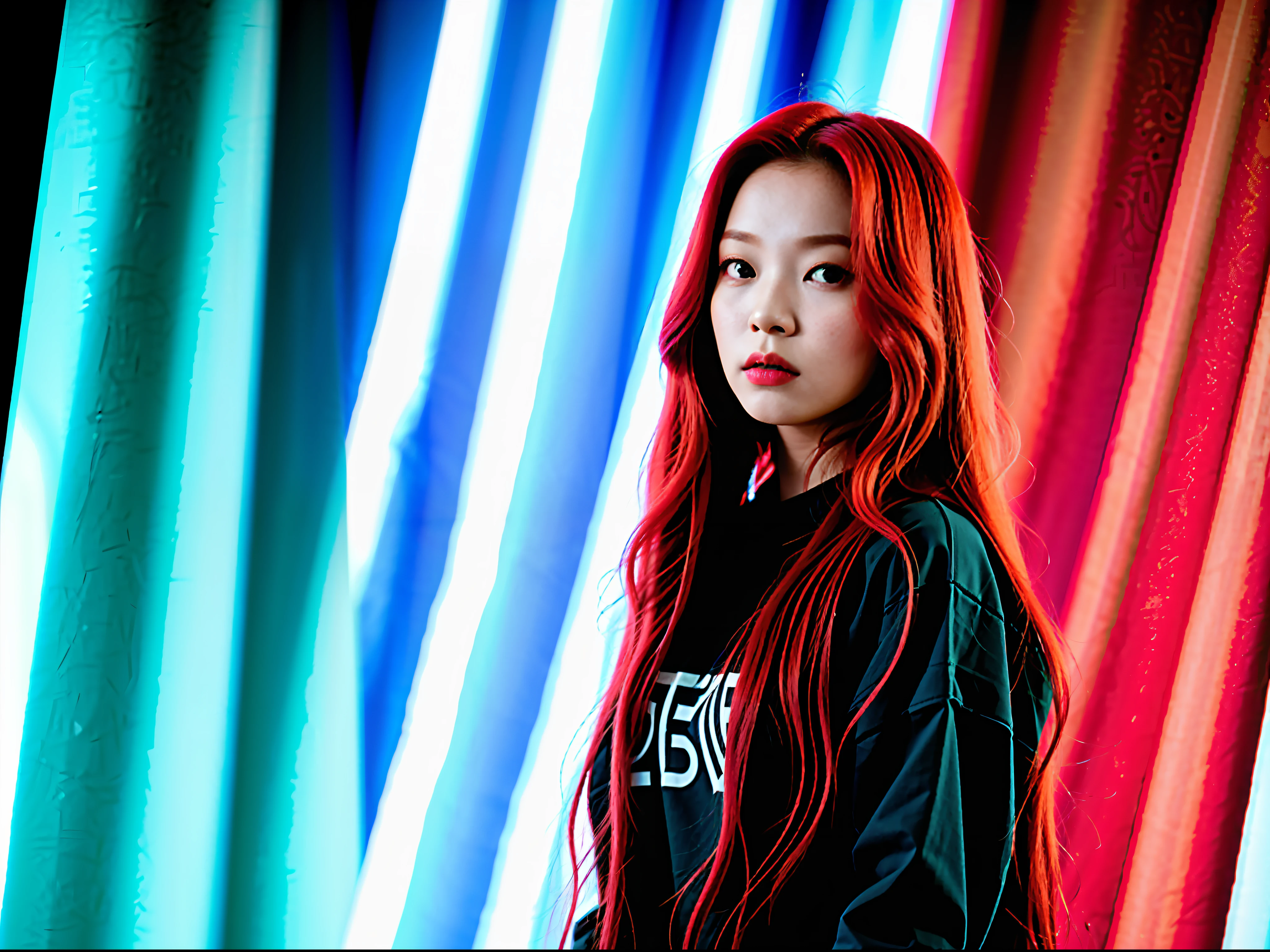 there is a woman standing in front of a curtain with a remote control, portrait of jossi of blackpink, with red hair, with long hair, colored photo, with long red hair, jossi of blackpink, long hair and red shirt, korean artist, she has long redorange hair, a young asian woman, korean girl, around 1 9