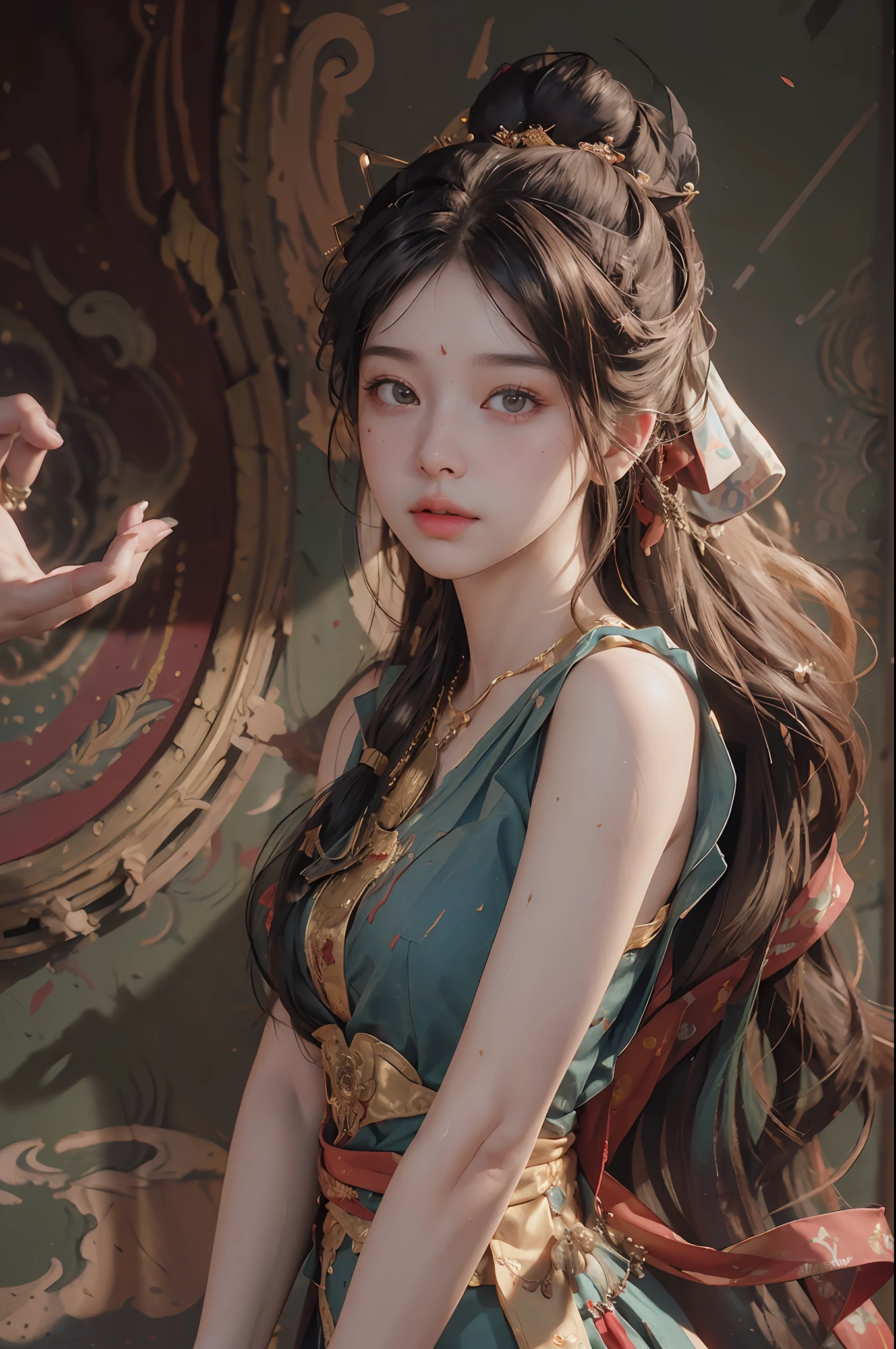 (RAW photo, best quality), (realistic, photo-realistic:1.3),best quality,highly detailed,masterpiece,ultra-detailed,illustration,1girl,upper_body,dynamic angle,world masterpiece theater,messy_long_hair,best quality,extremely detailed CG unity 8k wallpaper,ink,Amazing,cinematic lighting,lens_flare, dunhuang_style