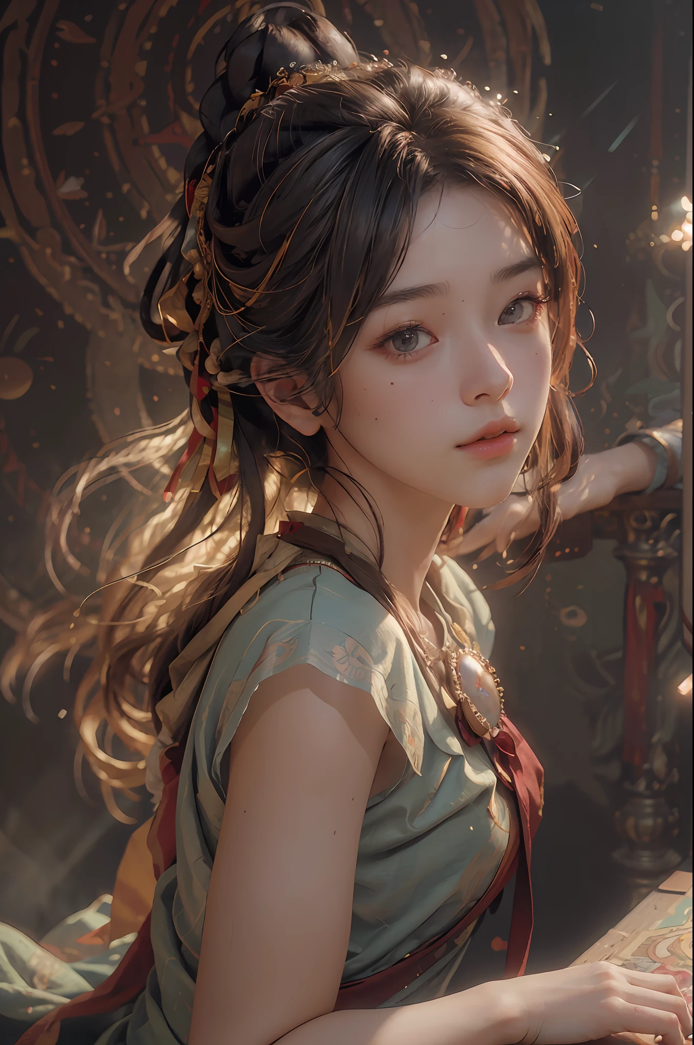 (RAW photo, best quality), (realistic, photo-realistic:1.3),best quality,highly detailed,masterpiece,ultra-detailed,illustration,1girl,upper_body,dynamic angle,world masterpiece theater,messy_long_hair,best quality,extremely detailed CG unity 8k wallpaper,ink,Amazing,cinematic lighting,lens_flare, dunhuang_style