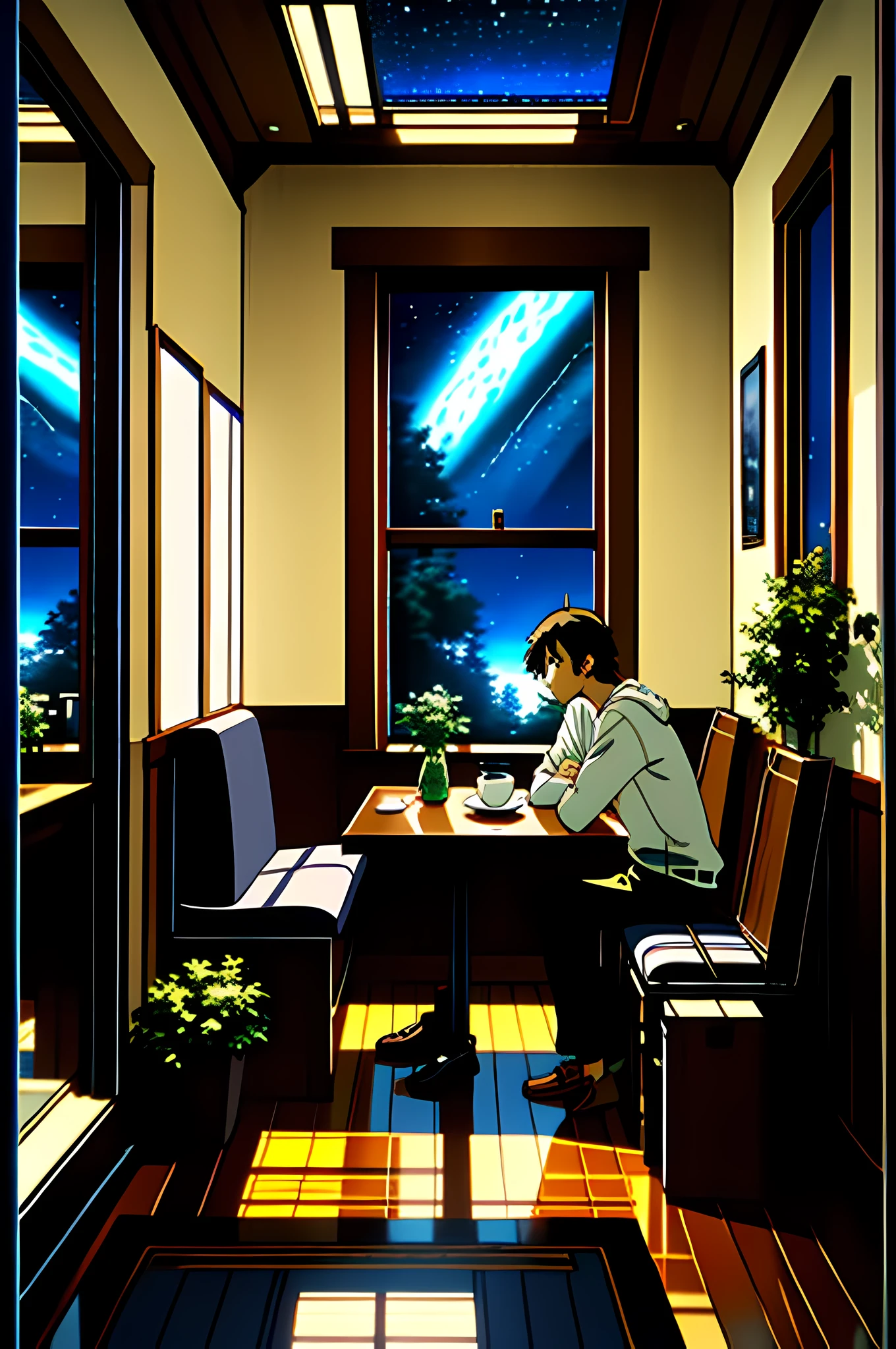 best quality, masterpiece, concept art, ultra high res, 1 guy, makoto shinkai style, sitting in a cafe, tired, night, looking at night sky outside the window