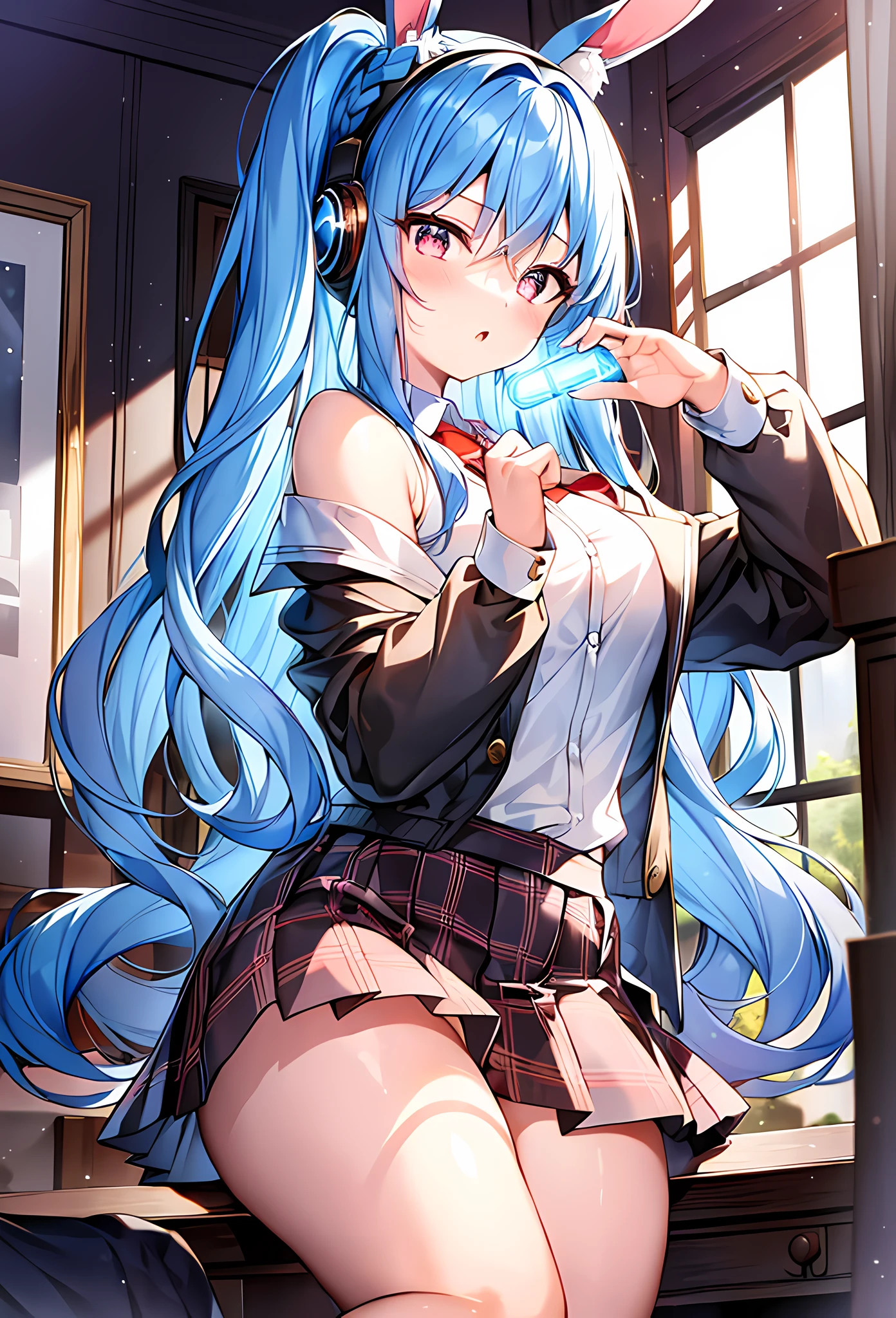 (masterpiece, reflections, atmospheric lighting, dynamic lighting), best quality, 1girl, perfect figure, perfect body, perfect face, light blue hair, long hair, white rabbit ears, braided twin ponytails, brown eyes, glowing amber eyes, delicate fingers, delicate legs,blushing, open mouth, headphones, school outfit, off-shoulder baggy jacket, white school shirt, black checkered flannel skirt, white cotton socks, knee length socks, brown school shoes