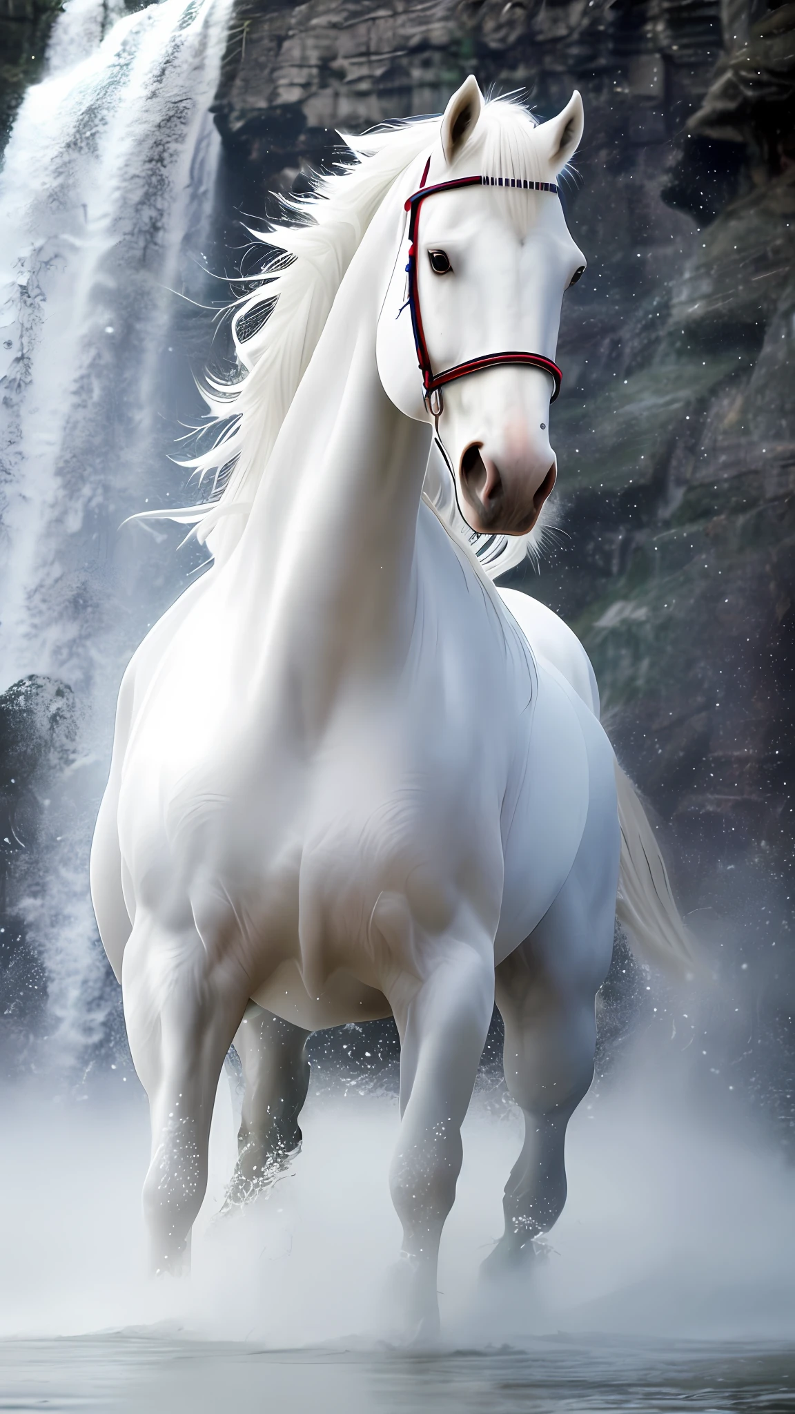 RAW photo, anthropomorphic, a white horse, wearing a white robe, full body, front, portrait, real world, highest quality, DSLR, fixed focus, contour light, cold tone, waterfall background, splash, Tyndall effect, cold light source, large contrast, large depth of field,