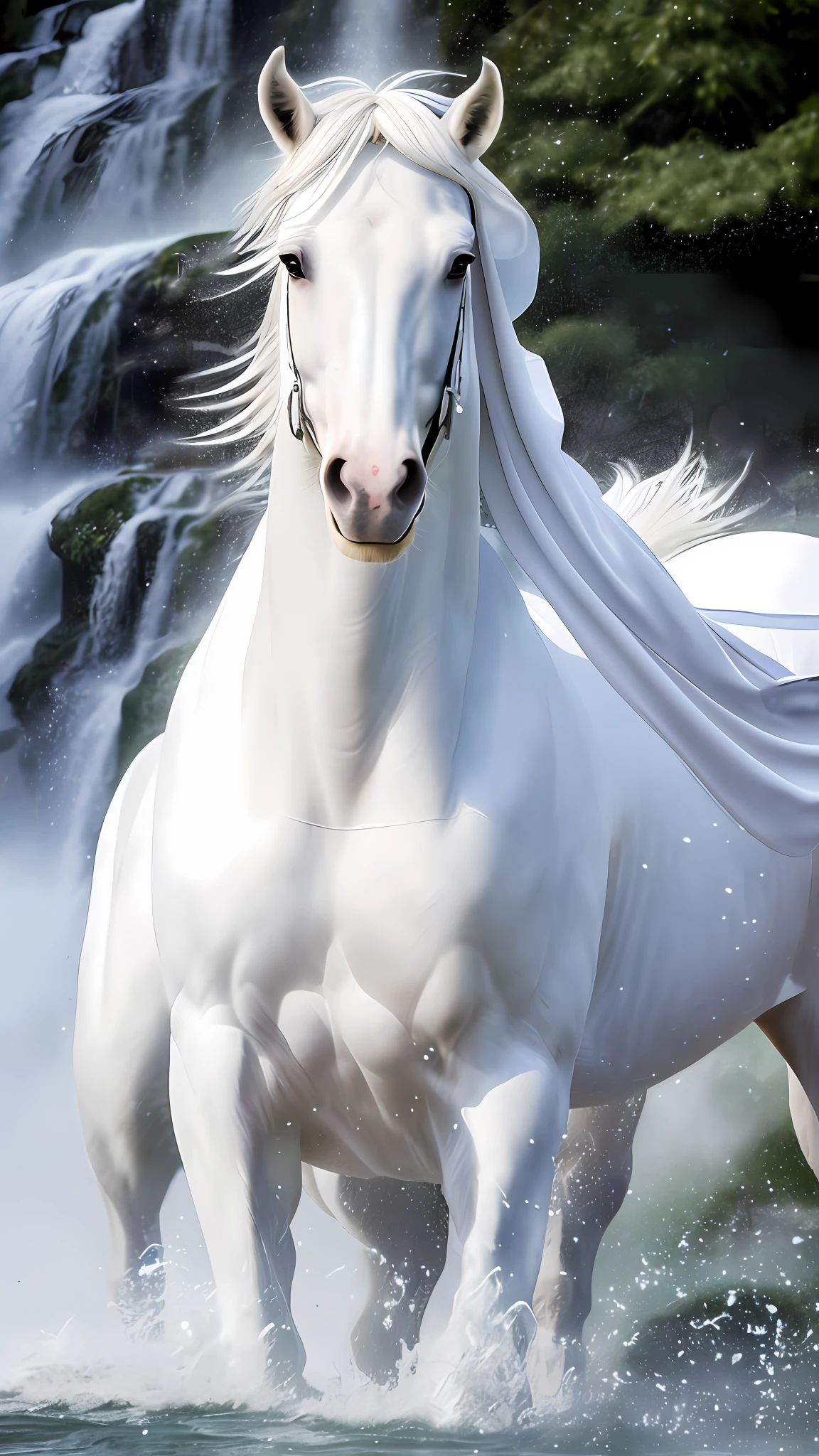 RAW photo, anthropomorphic, a white horse, wearing a white robe, full body, front, portrait, real world, highest quality, DSLR, fixed focus, contour light, cold tone, waterfall background, splash, Tyndall effect, cold light source, large contrast, large depth of field,
