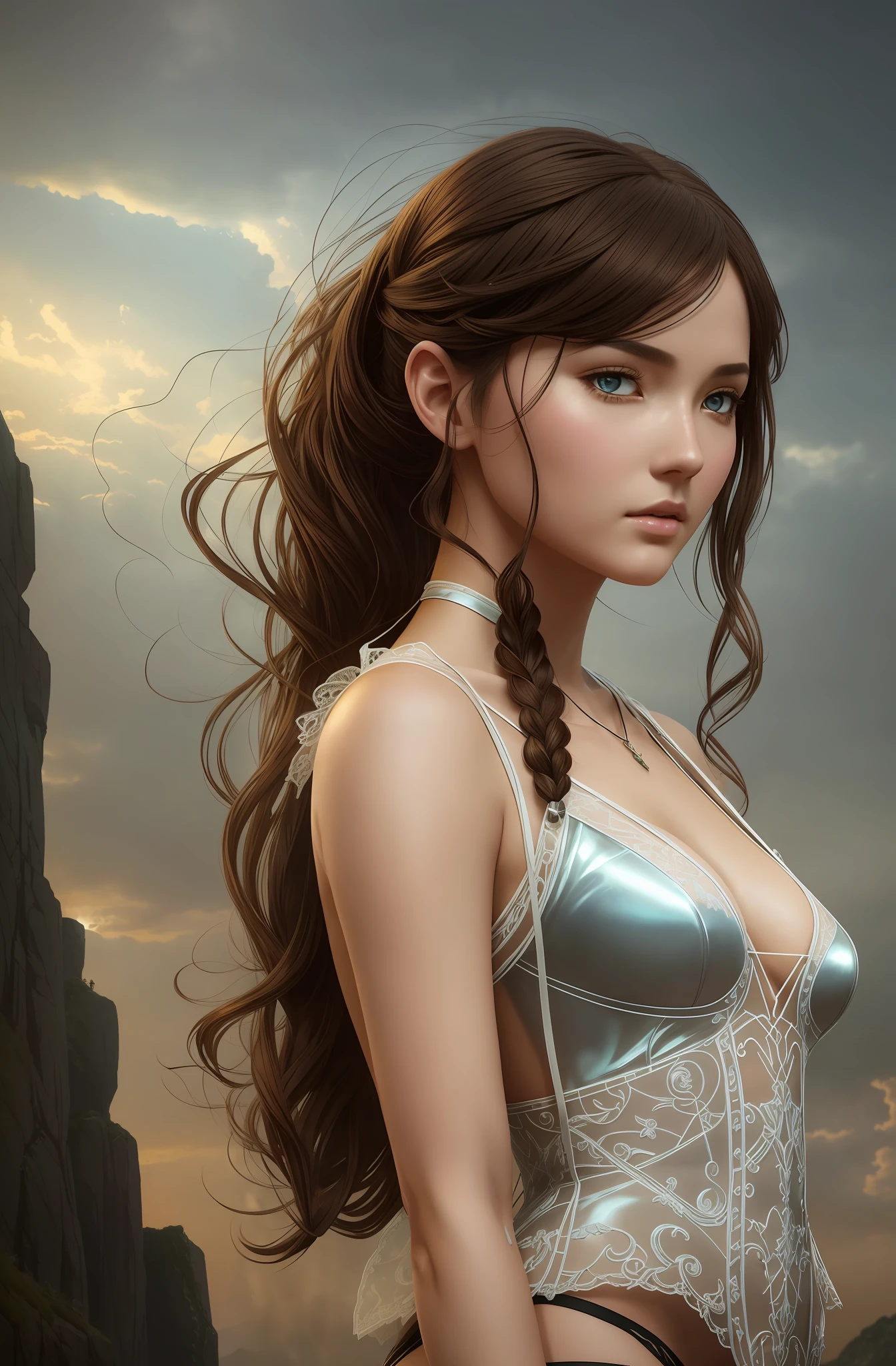 best quality, masterpiece, upper body, woman, braided bronze brown hair, azure eyes, 1920s plunging neckline dress golden and white, spider man, drip outfit, heavy rain, magical, highly detailed, trending on artstation, unreal engine 4 k, cinematic wallpaper by stanley artgerm lau, wlop, rossdraws, james jean, andrei riabovitchev, marc simonetti, yoshitaka amano. background by james jean and gustav klimt, light by julie bell, 4 k, porcelain skin, style of zdislaw beksinski, detailed, 8k, dynamic lighting, white chromatic aberration, soaking wet,lace,translucent,elusive,A girl who is 150cm tall, is facing forward, and has a large body. She is wearing a lace small vest on her chest, a short black lace translucent skirt, and has long hair tied in a ponytail. She is looking at the sky with her hands behind her back, and wearing semi-transparent black stockings on her legs. Her skin texture looks realistic like a real person in a photo. She is standing on a large rock, with a destroyed Gundam lying on the ground in the background, and a dark and cloudy sky above. In the distance, there is thick smoke rising from the ruins. --auto --s2